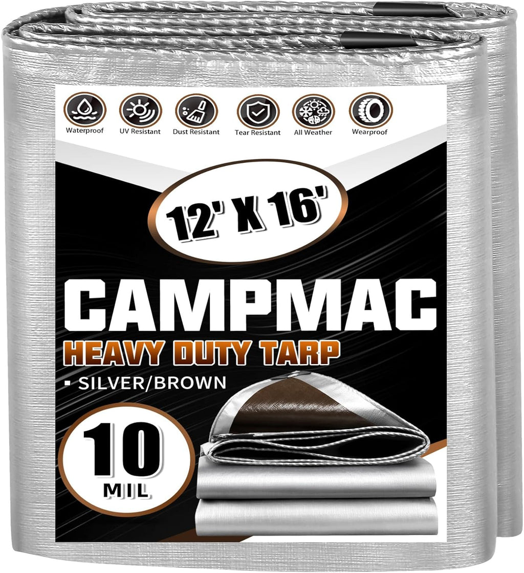 Tarps Heavy Duty Waterproof 12x16 Ft, 10 Mil Thick, High Durability, Rip, UV Resistant and Tear Resistant with Metal Gromets Every 20 Inches (Silver/Brown - Reversible)