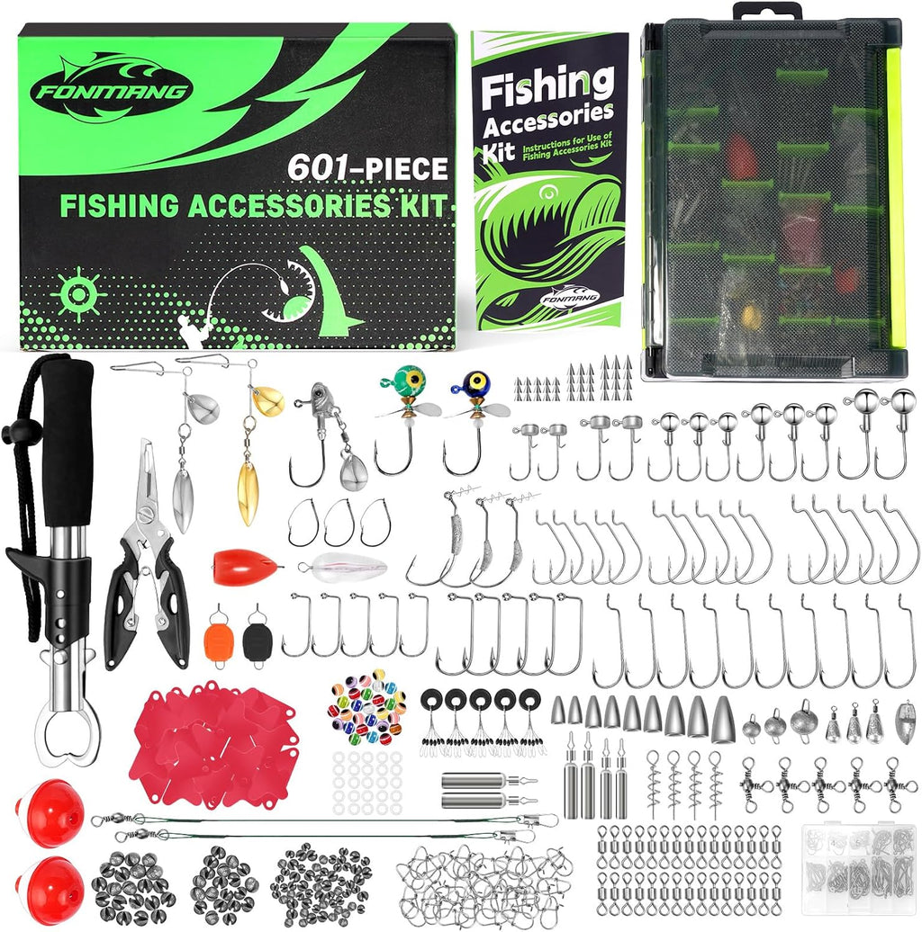 411-Piece Fishing Gear Accessories Kit, [2025 NEW] Tackle Box with Pliers, Fish Lip Grips,Tackle Storage Trays, Hooks, Weights, Jig Heads, Swivels, 21 Pre-Made Rigs – Fishing Gear for Lures Fishing