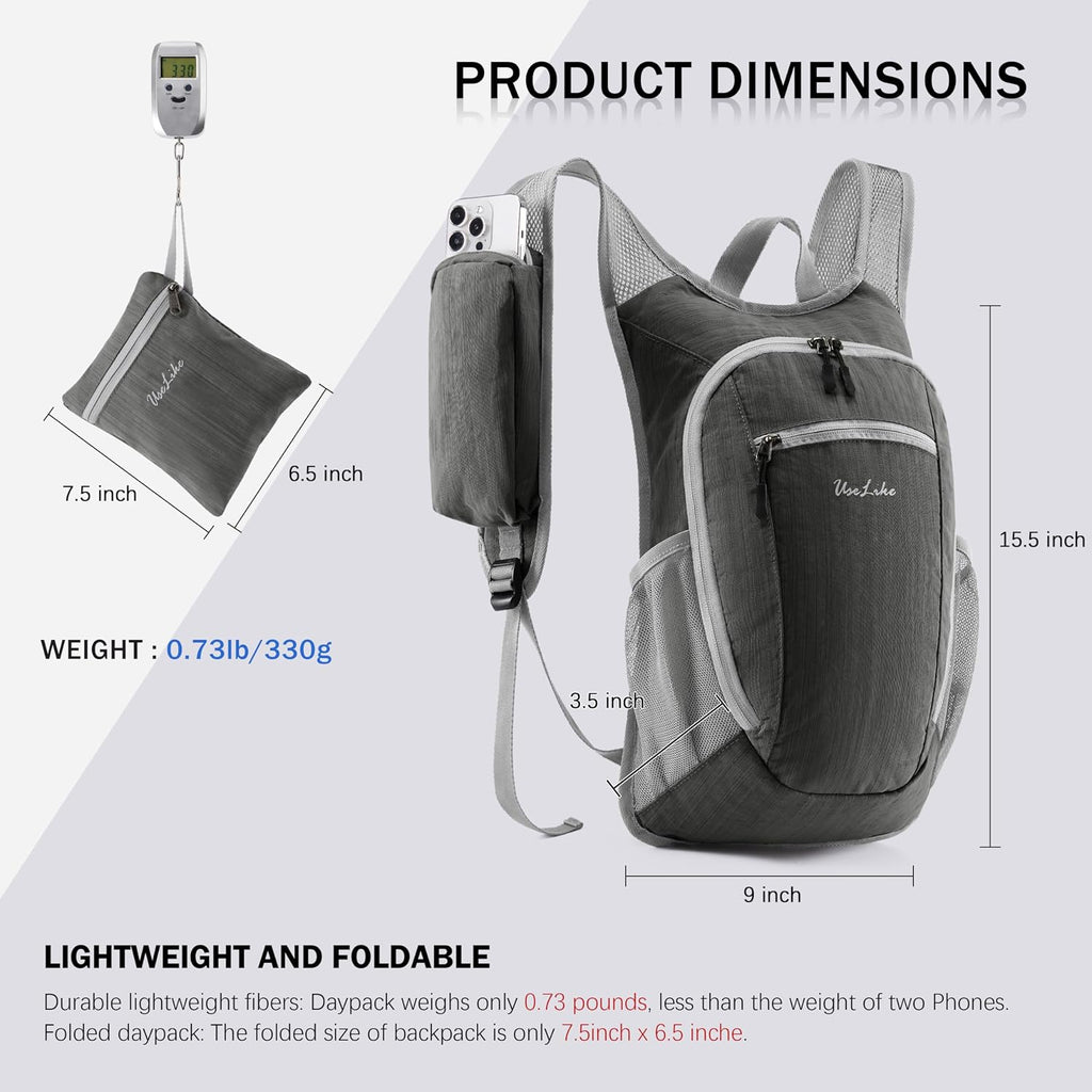 Uselike 10L Small Hiking Backpack Travel Daypack Lightweight Packable Back Pack for Women Men(Iron Grey)