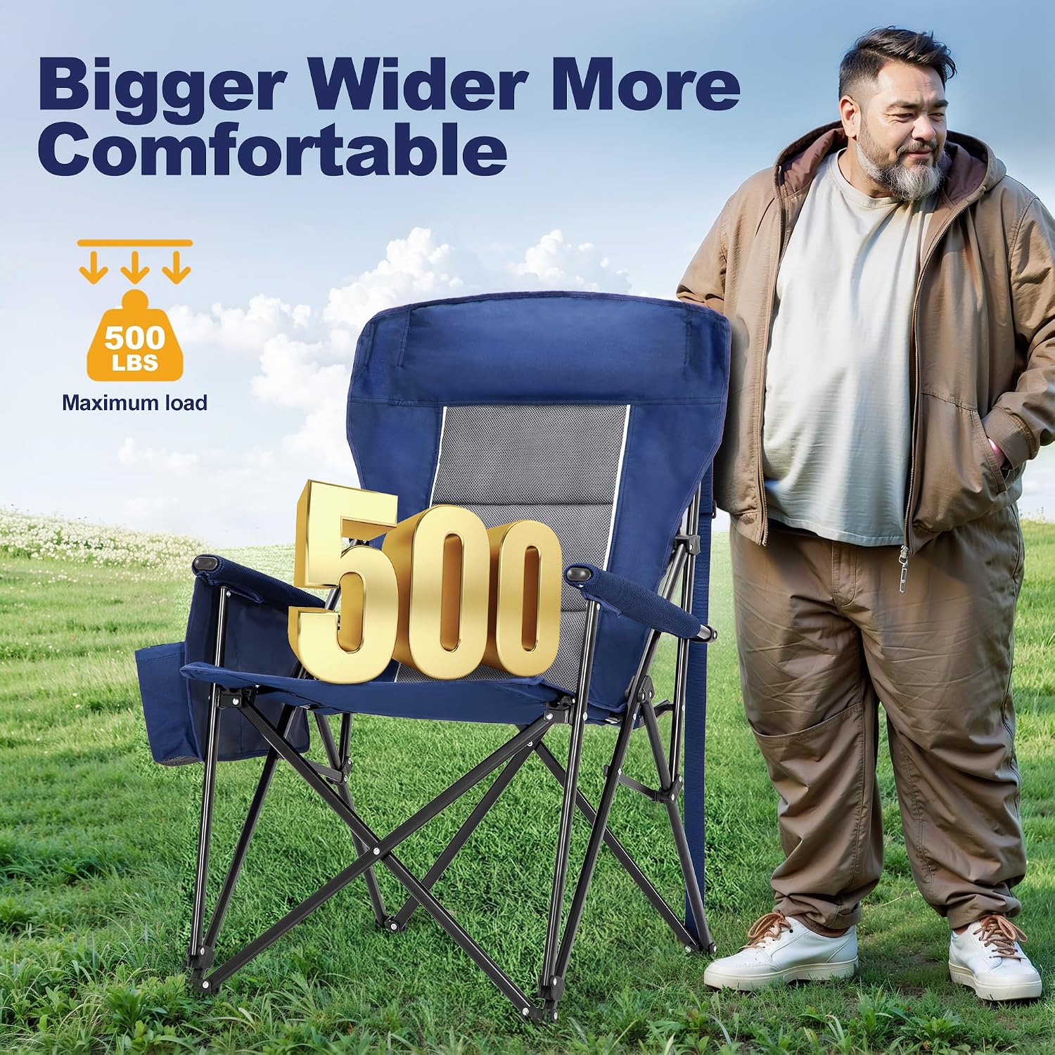 LET'S CAMP Oversized Camping Chairs High Back Lawn Chair 2 Pack(Blue)500LBS