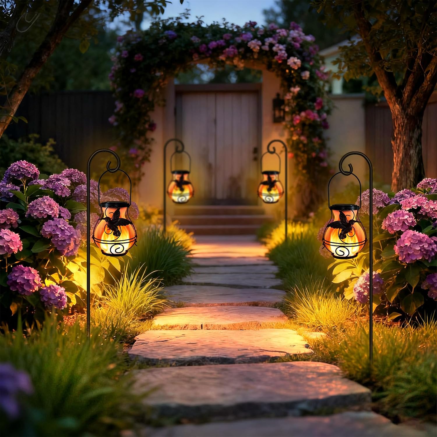 2 Pack Solar Lanterns Outdoor Waterproof Flickering Flame Lights Hummingbird Metal Hanging Solar Lantern Patio Porch Garden Decoration