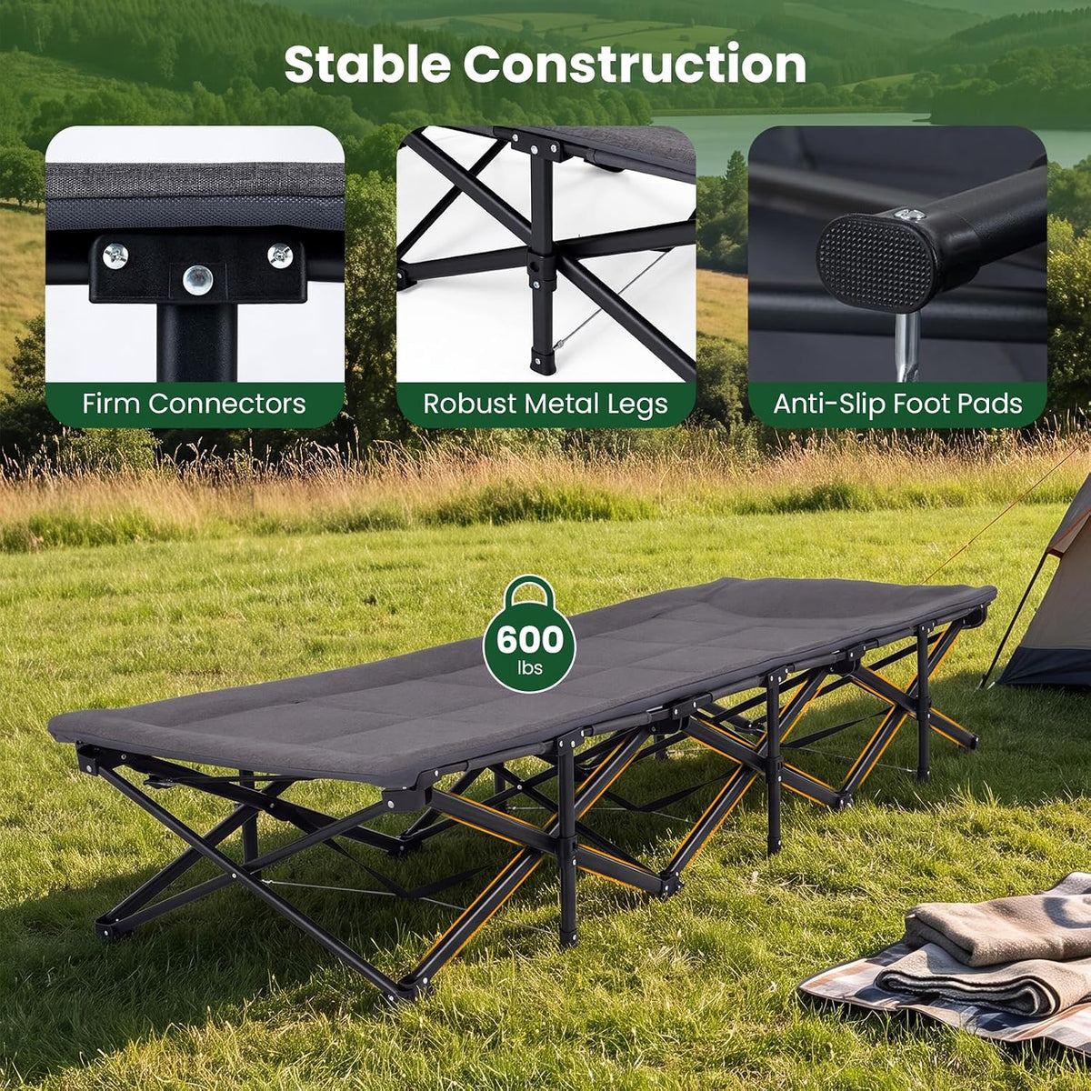 Goplus Camping Cot with Padded Pillow, Carry Bag, Max Load 600 lbs, Grey