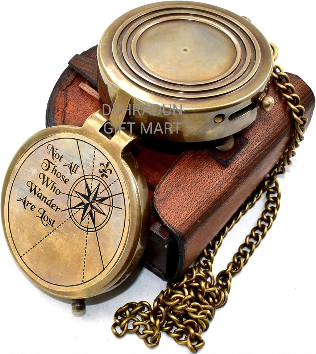 “Not All Those Who Wander are Lost” Engraved Vintage Pocket Compass, Antique Brass Nautical Compass with Leather Case, Travel Gift for Men & Women, Hiking Camping Navigation Tool, Graduation Gift