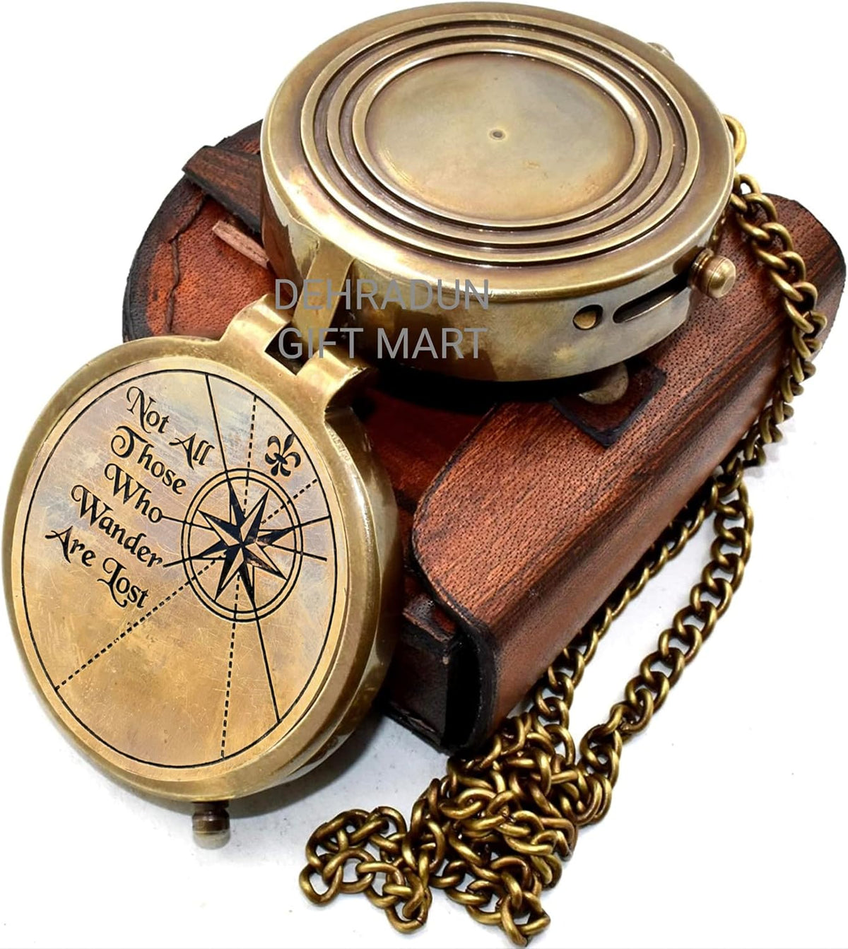 “Not All Those Who Wander are Lost” Engraved Vintage Pocket Compass, Antique Brass Nautical Compass with Leather Case, Travel Gift for Men & Women, Hiking Camping Navigation Tool, Graduation Gift