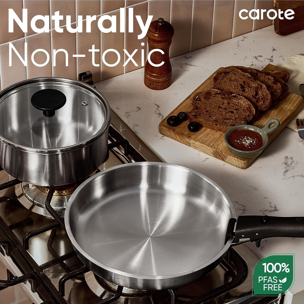 CAROTE 15pcs Tri-Ply Stainless Steel Cookware Set with Detachable Handle