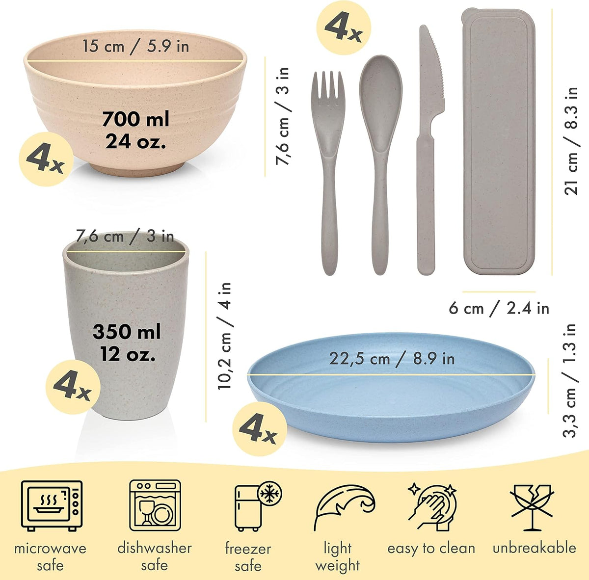 FOODLE Wheat Straw Dinnerware Set - RV, Camping Plates Cups and Bowls Set
