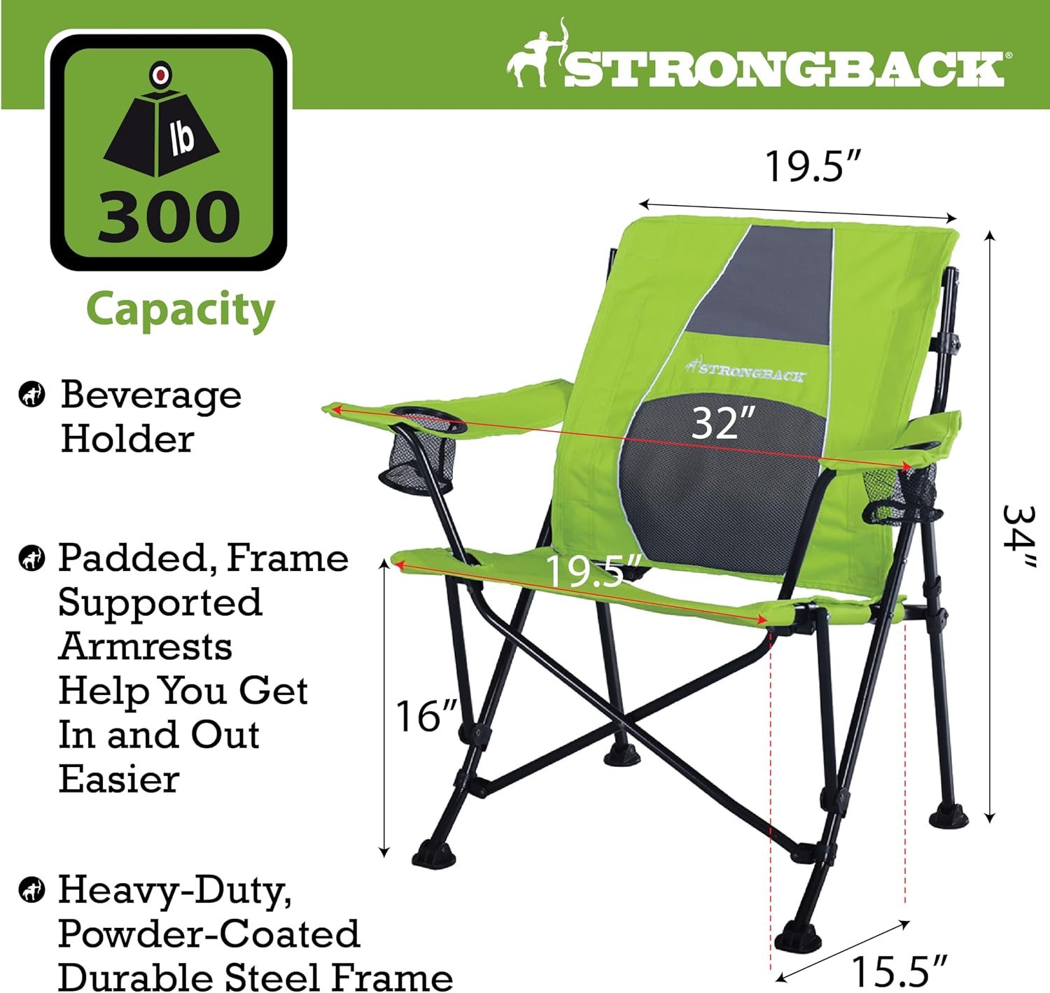 STRONGBACK Camping Chair Guru with Lumbar Support, Lime Green