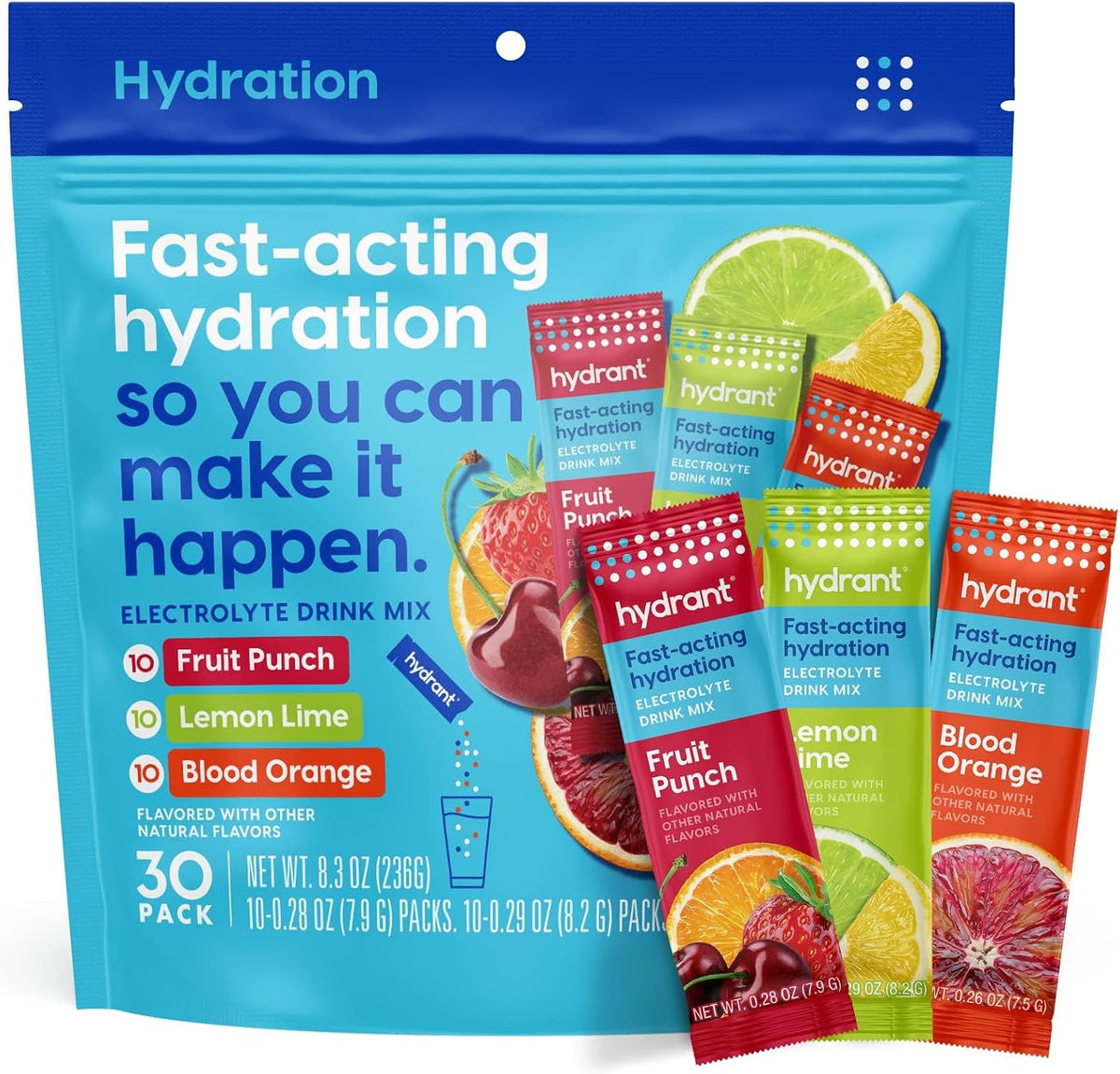 Hydrant - Hydration Powder Variety Pack, 30 Individual Instant Electrolyte Rehydration Packets - Low Sugar Drink Mix for Daily Use, Travel & Workouts