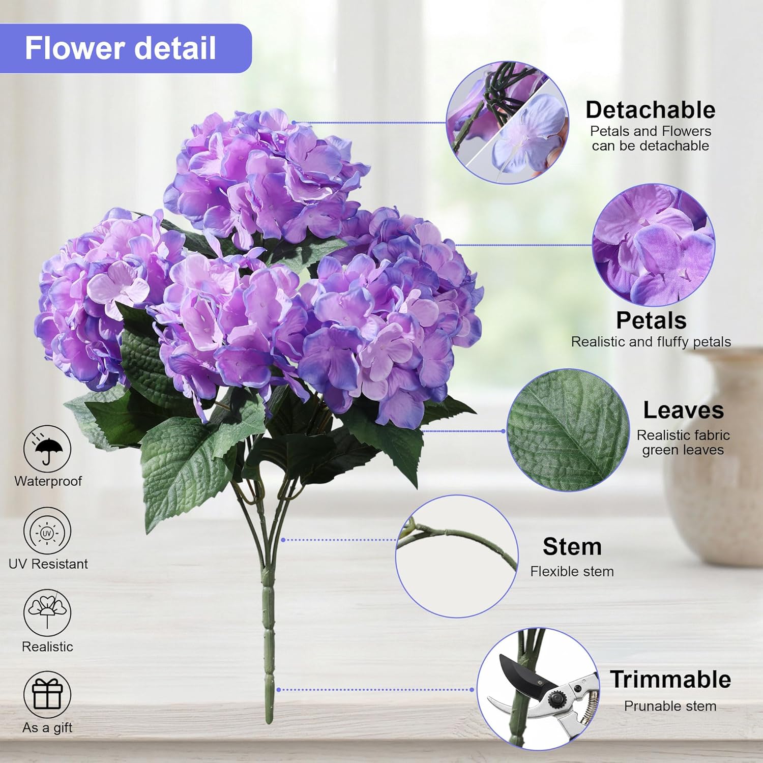 Ivydale Artificial Flowers for Outdoors, 4 PCS Purple Blue Fake Silk Hydrangea Flower Stems for Bouquets UV Resistant Realistic Faux Plants Home Outdoor Wedding Party Centerpieces Decor