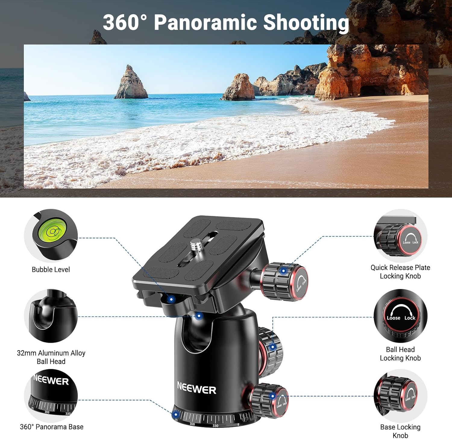 NEEWER 90 Inch Tall Overhead Horizontal Camera Tripod Monopod with Ball Head & Flexible Center Column, Metal DSLR Video Travel Stand, Arca Type QR Plate & Inverted Legs, Max Load 10 kg / 22 lbs, TP63