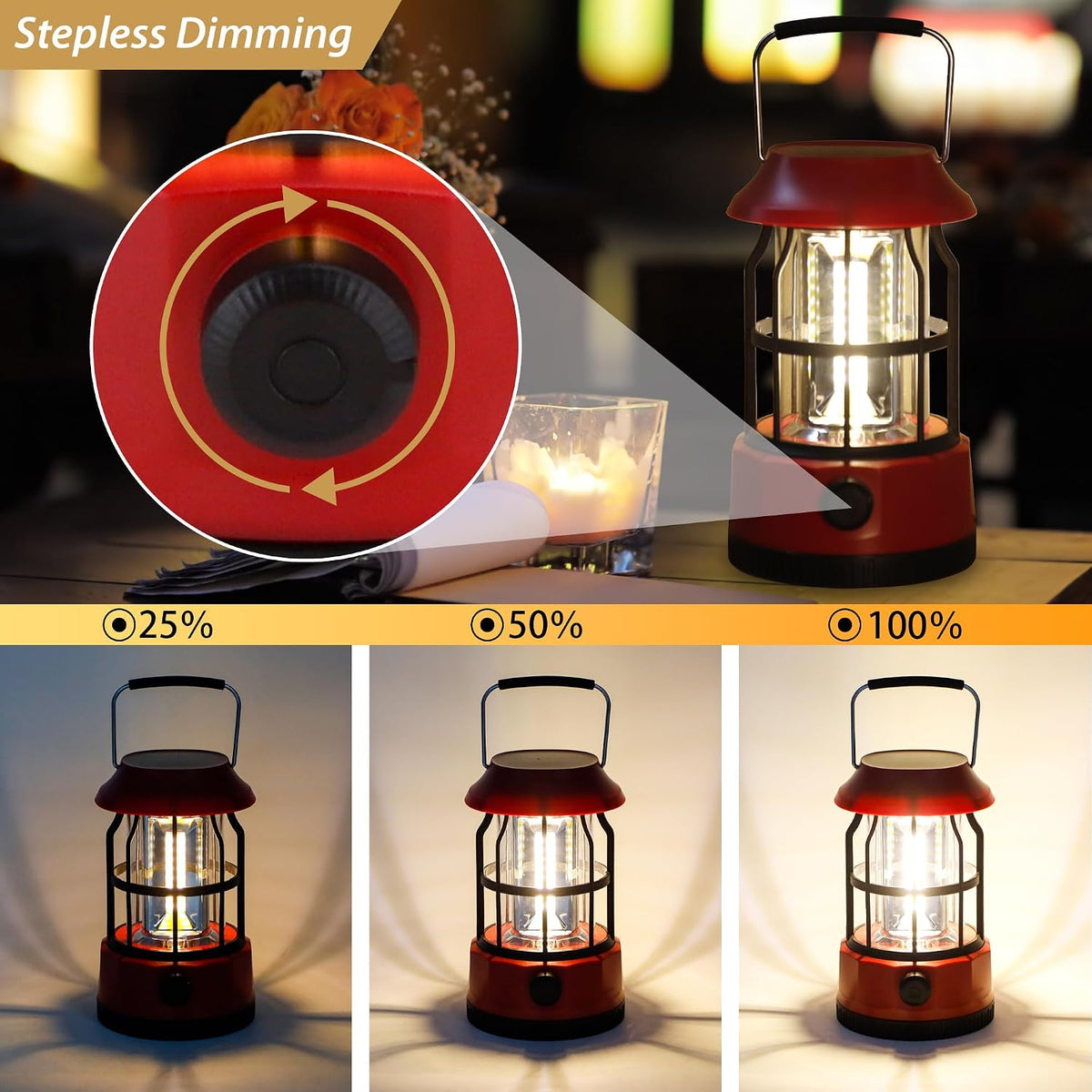 TRIROCKS Set of 2 LED Solar Camping Lantern Dimmable Rechargeable Lantern IPX3 Water-Resistant Portable Emergency Lights Outdoor Camping Lights for Camping Home Power Outage Hurricane Hiking (Red)