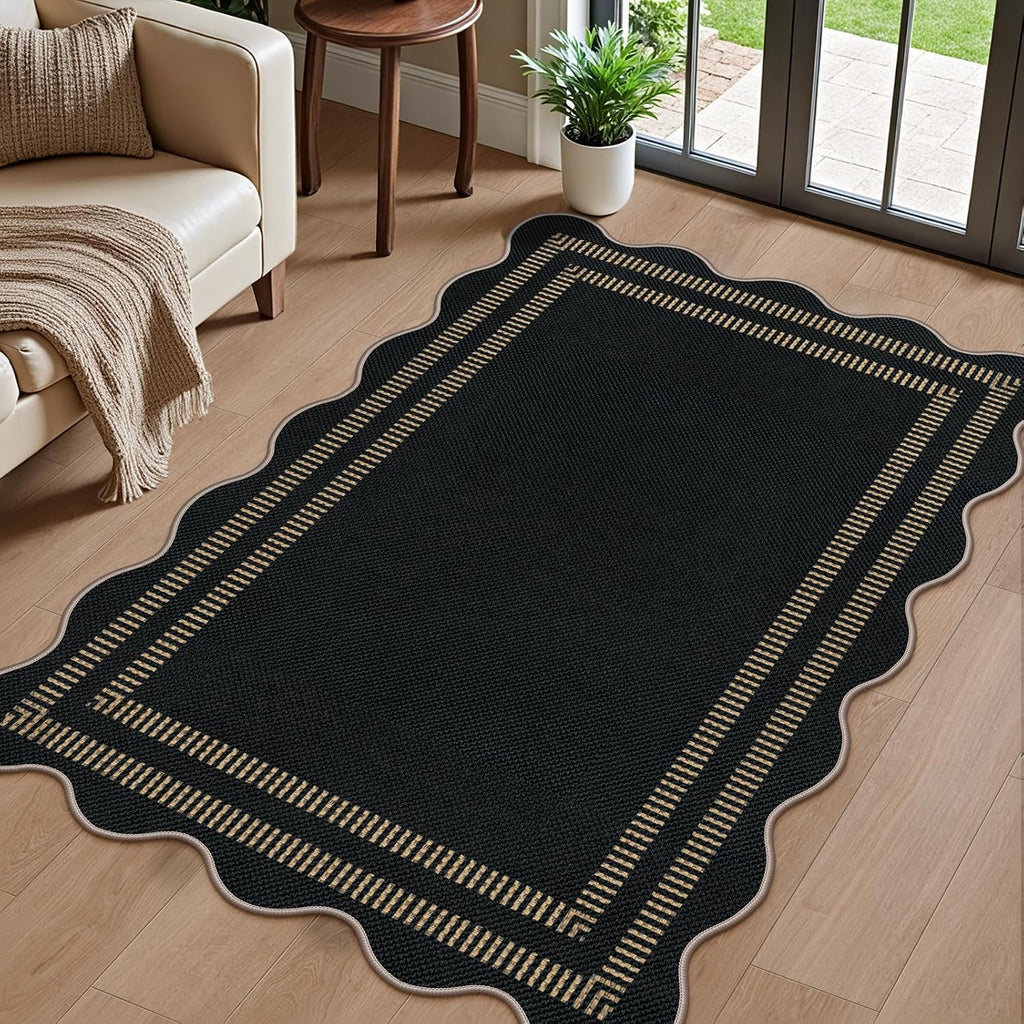 Modern Easy Jute 3x5 Outdoor Patio Rug, Black Washable Rugs for Entryway Indoor Kitchen Rugs, Farmhouse Neutral Non Slip Carpet for Living Room Backyard