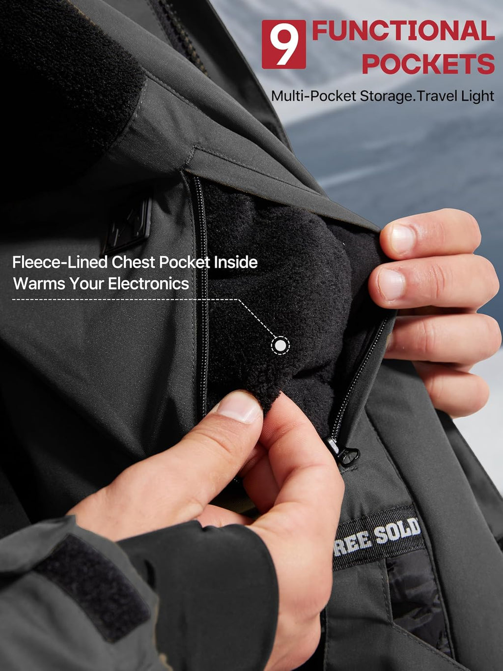 FREE SOLDIER Men's Waterproof Ski Jacket Fleece Lined Warm Winter Snow Coat with Hood Fully Taped Seams