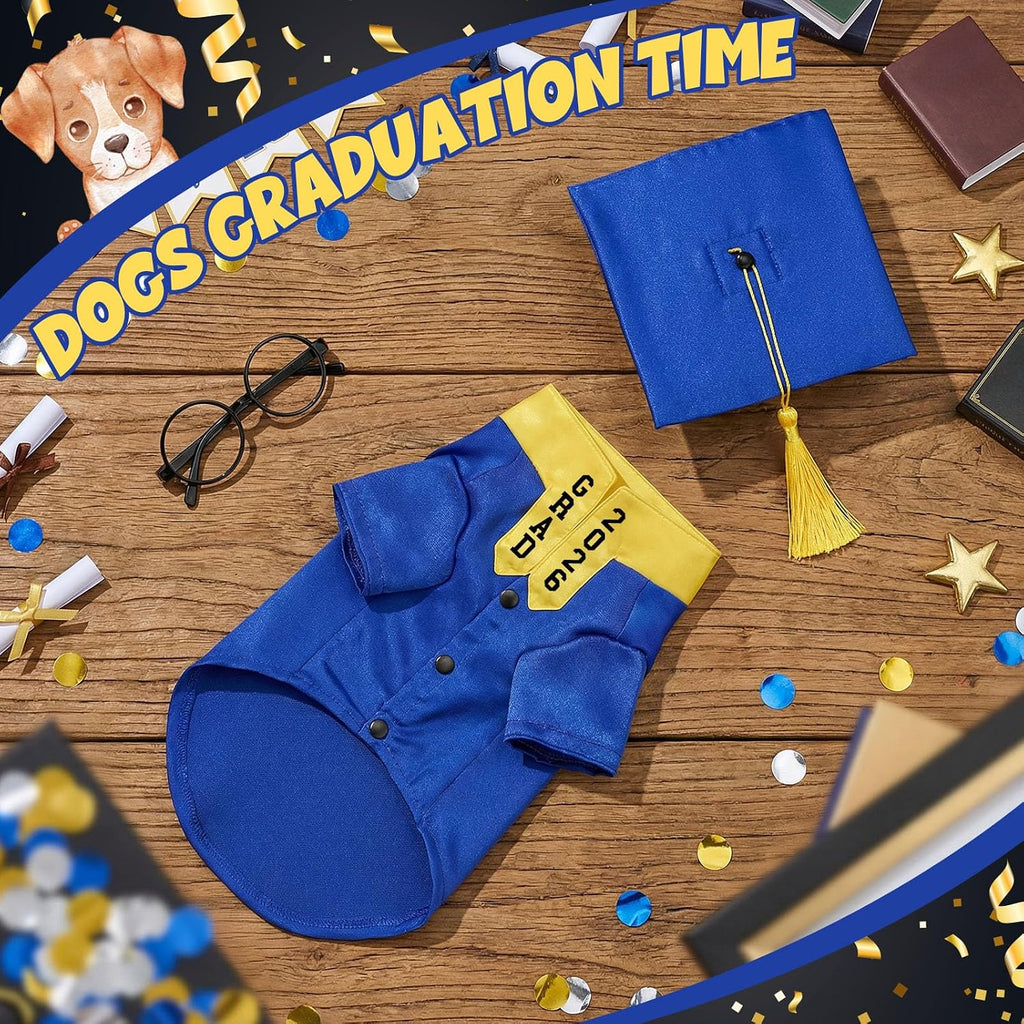 Huhumy 5 Pcs Dog Graduation Costume Set Include 2026 Pet Graduation Gown with Stole Puppy Grad Cap Lensless Glasses DIY Letter Stickers for Dogs Cats Holiday Costume Accessory(Blue Yellow,S)