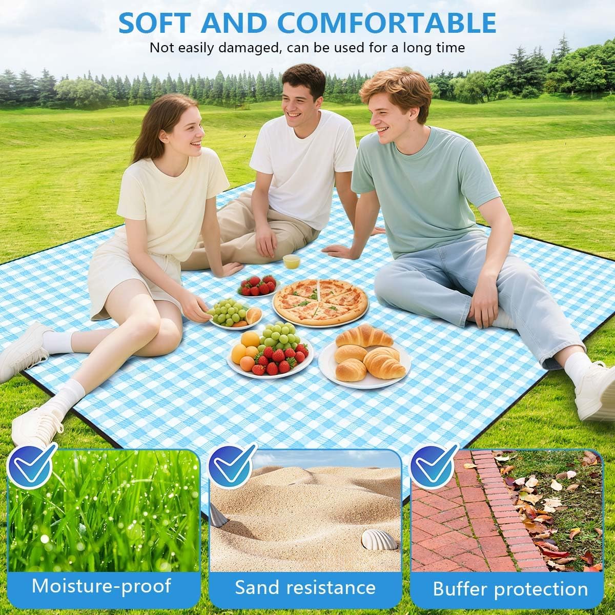 OBTANIM Extra Large Picnic Blanket 80 x 80 Inch Waterproof Foldable Beach Blankets Outdoor Picnic Mat for Camping Grass Lawn Park Music Festival Party Accessories (Blue and White)