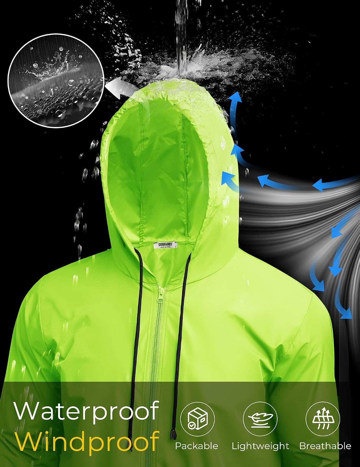 COOFANDY Mens Packable Rain Jacket Lightweight Waterproof Raincoat with Hood Outdoor Rain Gear Travel Hiking Cycling