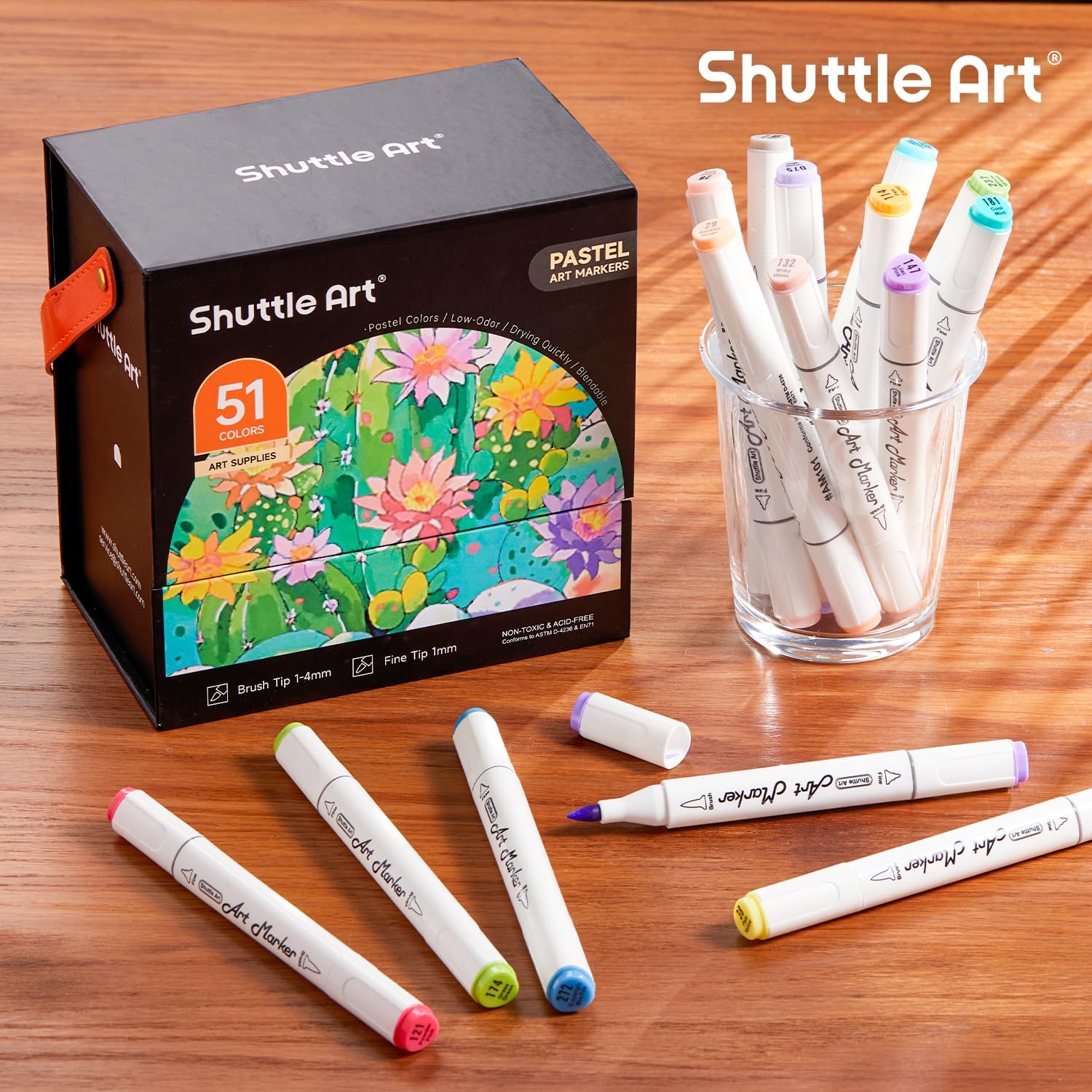Shuttle Art Pastel Alcohol Markers Brush tip, Dual Tip Brush & Fine Tip Art Marker Set, 50 Colors plus 1 Blender Marker Pens with Case Perfect for Illustration Kids Students Adults Coloring Sketching