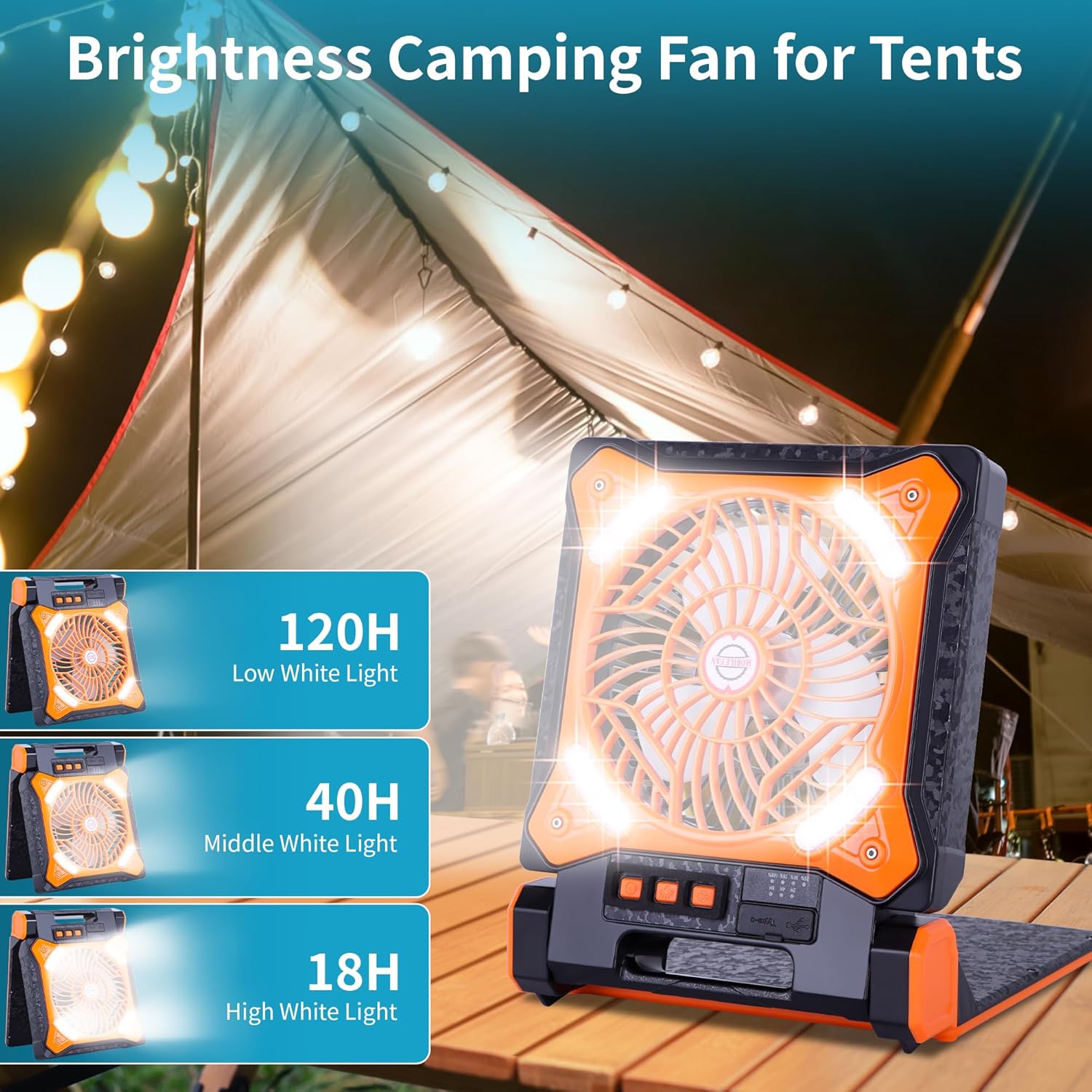 WESTTREE Solar Fan Battery Powered Rechargeable Solar Camping Fan with Led Lantern Power Bank Foldable Angle USB Personal Fans for Travel Outdoor CampingTents camping essentials X98 Orange