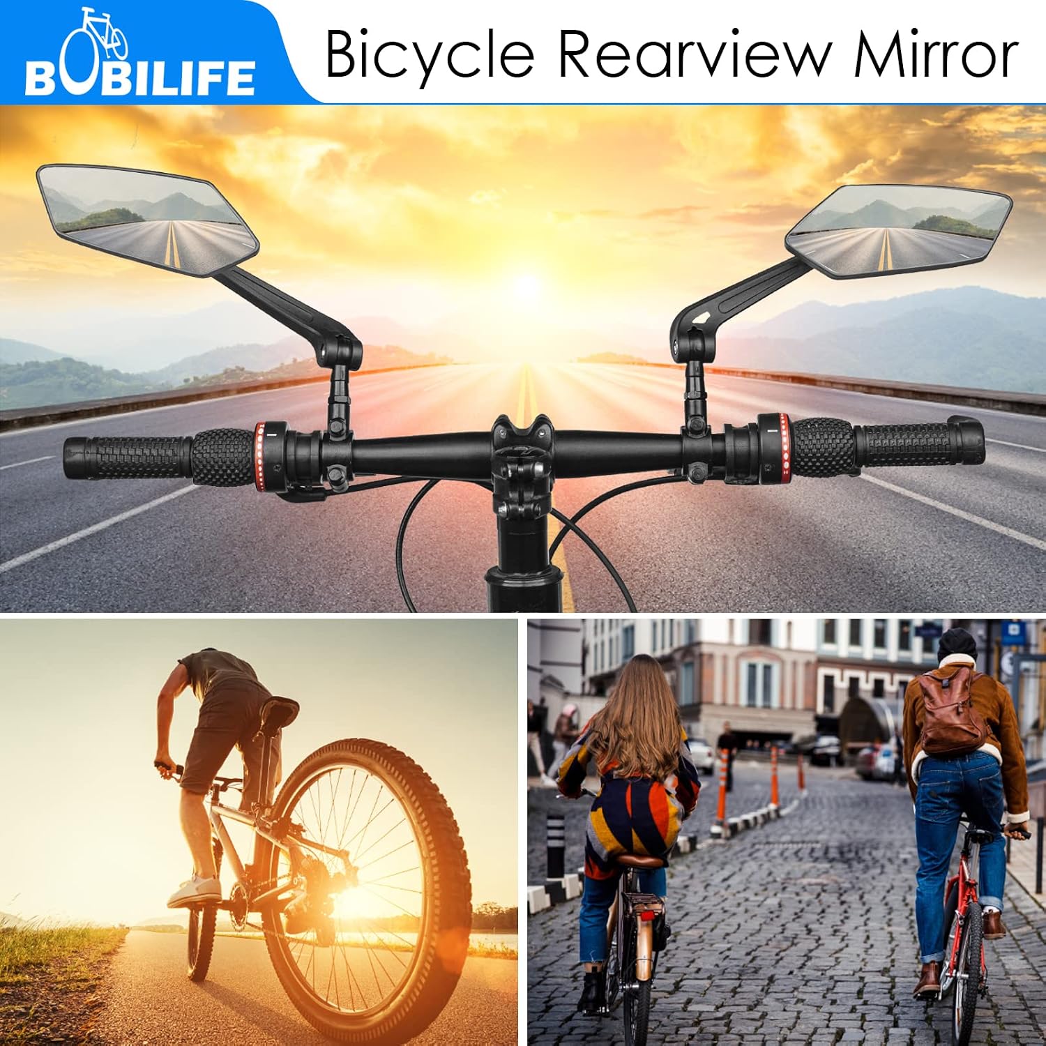Bike Handlebar Rearview Mirror 2 Pack - Rotatable and Adjustable Wide Angle HD Safe Glass Rear View Shockproof Side Flat Mirror Universal For Bike Bicycle E-bike (BM047)