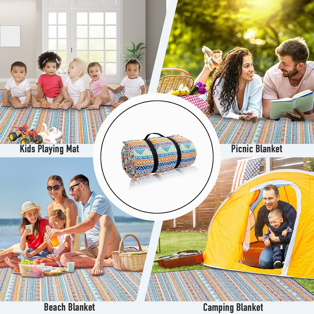 PY SUPER MODE Picnic Blankets Extra Large, Waterproof Foldable Outdoor Beach Blanket Oversized 83x79” Sandproof, 3-Layer Picnic Mat for Camping, Hiking, Travel, Park, Concerts(Orange Boho)