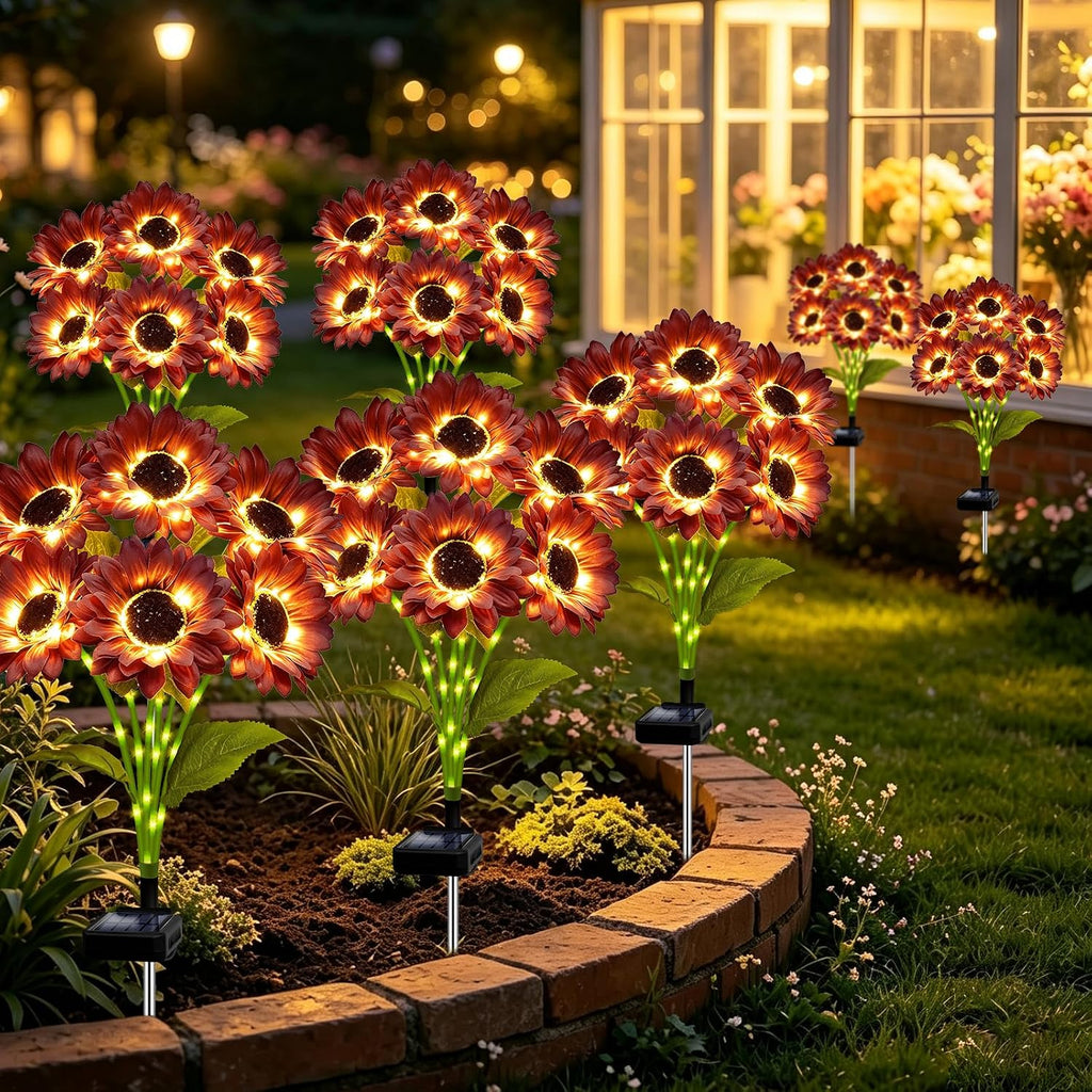 MRHEPHAESTUS Solar Garden Lights Outdoor, 4 Pack Solar Brown Sunflower Lights with 18 Head 3.5 Inch Flowers, Waterproof Flowers Light Fall Decor Auto ON/Off for Garden Yard Patio, Gifts for Mom Women