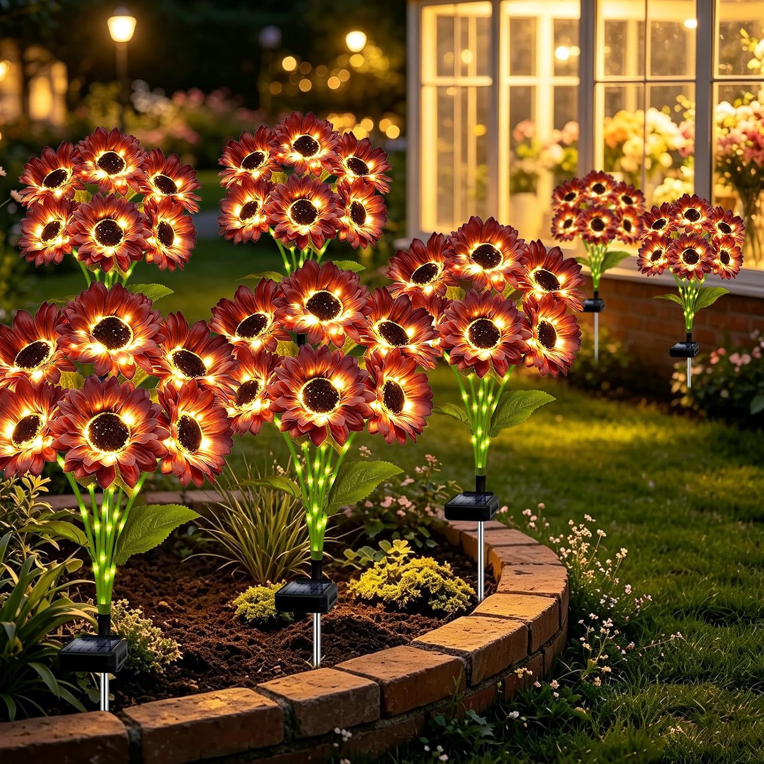 MRHEPHAESTUS Solar Garden Lights Outdoor, 4 Pack Solar Brown Sunflower Lights with 18 Head 3.5 Inch Flowers, Waterproof Flowers Light Fall Decor Auto ON/Off for Garden Yard Patio, Gifts for Mom Women