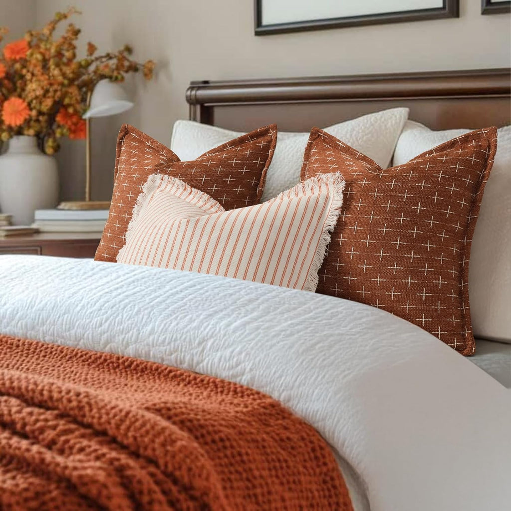 ZWJD Fall Pillow Covers 18x18 Set of 2 Soft Polyester Textured Rust Pillow Covers with Stylish Flange Edge Cozy Farmhouse Throw Pillows for Couch Bed Sofa Living Room Fall Decor