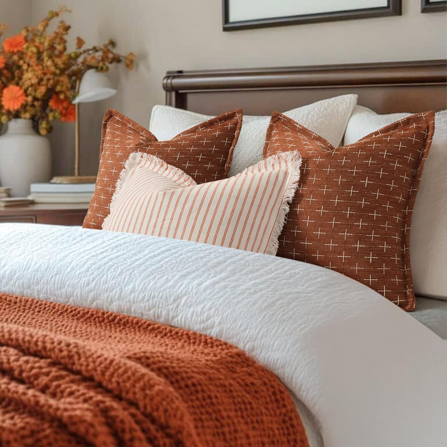 ZWJD Fall Pillow Covers 18x18 Set of 2 Soft Polyester Textured Rust Pillow Covers with Stylish Flange Edge Cozy Farmhouse Throw Pillows for Couch Bed Sofa Living Room Fall Decor
