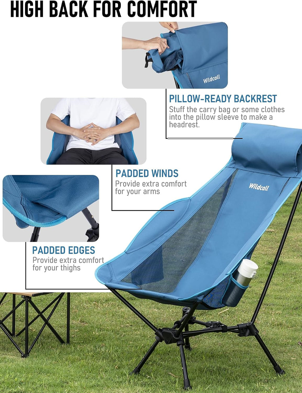 WildCall Lightweight Folding Camping Chair Anti-Sinking Chair, High Back