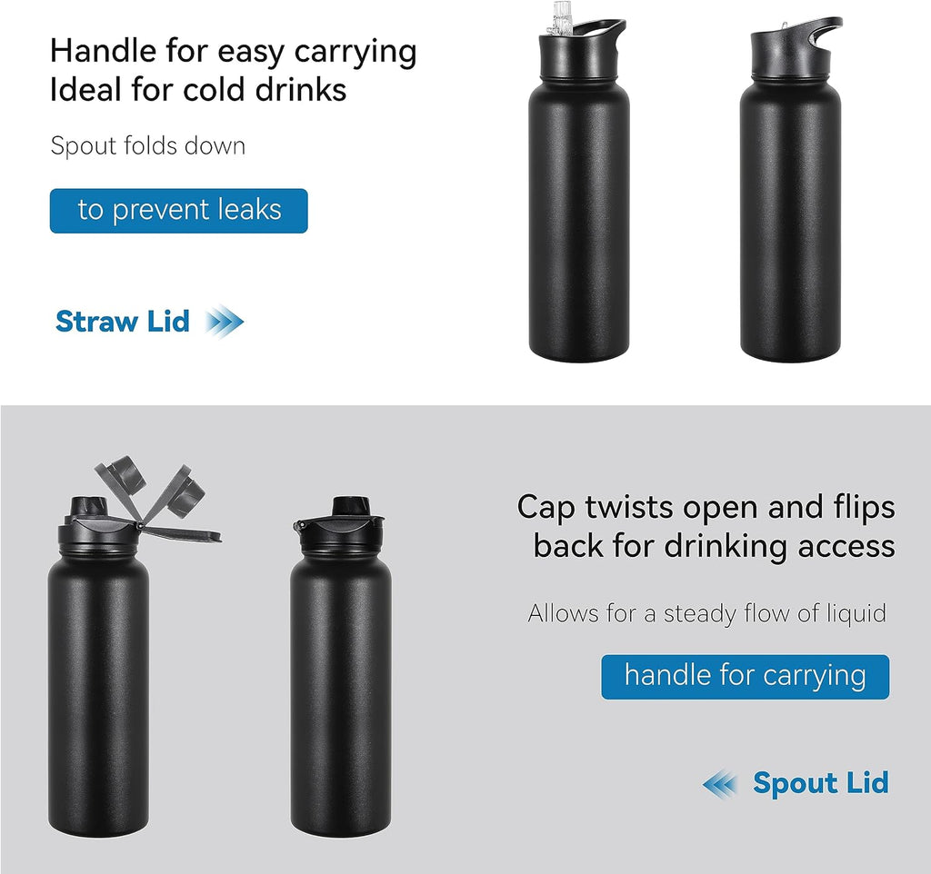 VEGOND 40 oz Insulated Water Bottle Stainless Steel Metal Water Bottles with Leak Proof Straw Lid & Spout Lid, Wide Mouth Double Walled Vacuum Travel Sports Bottle, Black