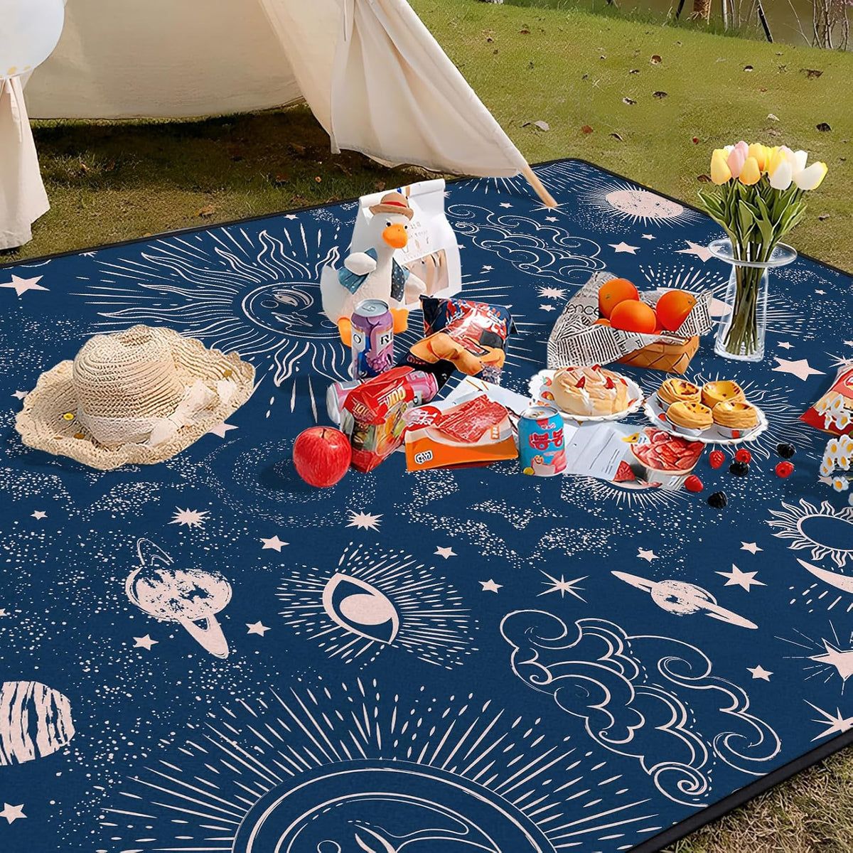 Gothic Picnic Blankets Waterproof Foldable,60″X80″Thick Picnic Mat Blue Outdoor Blanket for Grass, Sun and Moon Beach Blanket Sandproof Picnic Accessories for Camping Party Travel Park Lawn
