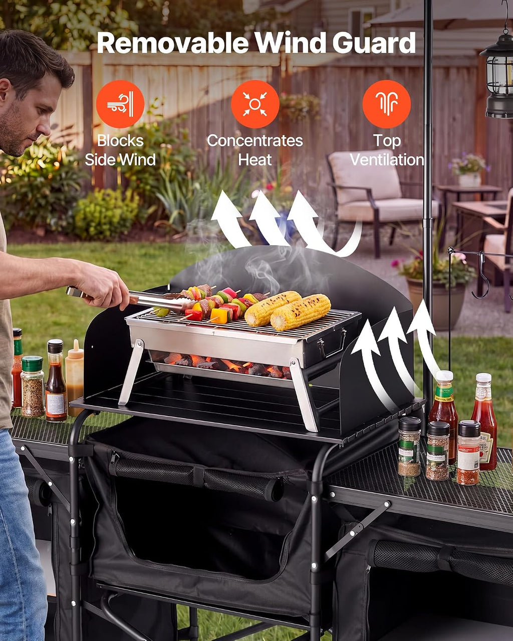 VEVOR Camping Kitchen Table, Outdoor Camp Cooking Table, Portable Cook Station with Storage Cupboard, Carrying Bag, Detachable Windscreen, Quick Set-up for BBQ Party Picnic RV Travel, Black
