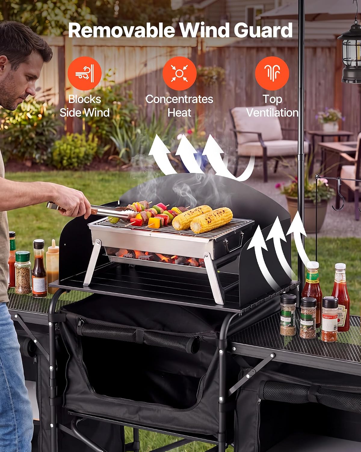 VEVOR Camping Kitchen Table, Outdoor Camp Cooking Table, Portable Cook Station with Storage Cupboard, Carrying Bag, Detachable Windscreen, Quick Set-up for BBQ Party Picnic RV Travel, Black