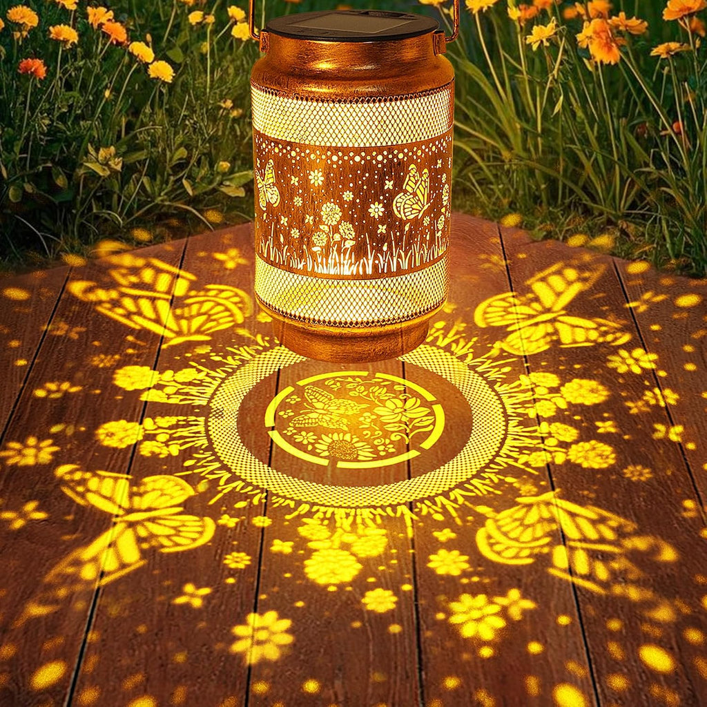 2 Pack Butterfly Solar Lanterns Outdoor Waterproof Solar Garden Decor, Birthday Gifts for Mothers Day Women Mom Grandma, Metal Hanging Lights with Shepherd Hook for Outside Yard Patio Pathway Porch