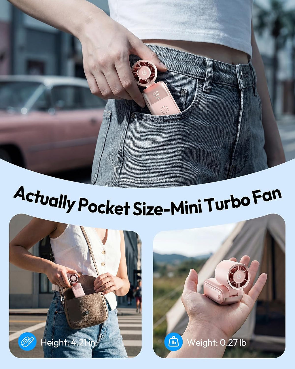 Gaiatop Portable Mini Fan Handheld, 3-in-1 Foldable Pocket Fan, Up to 15H