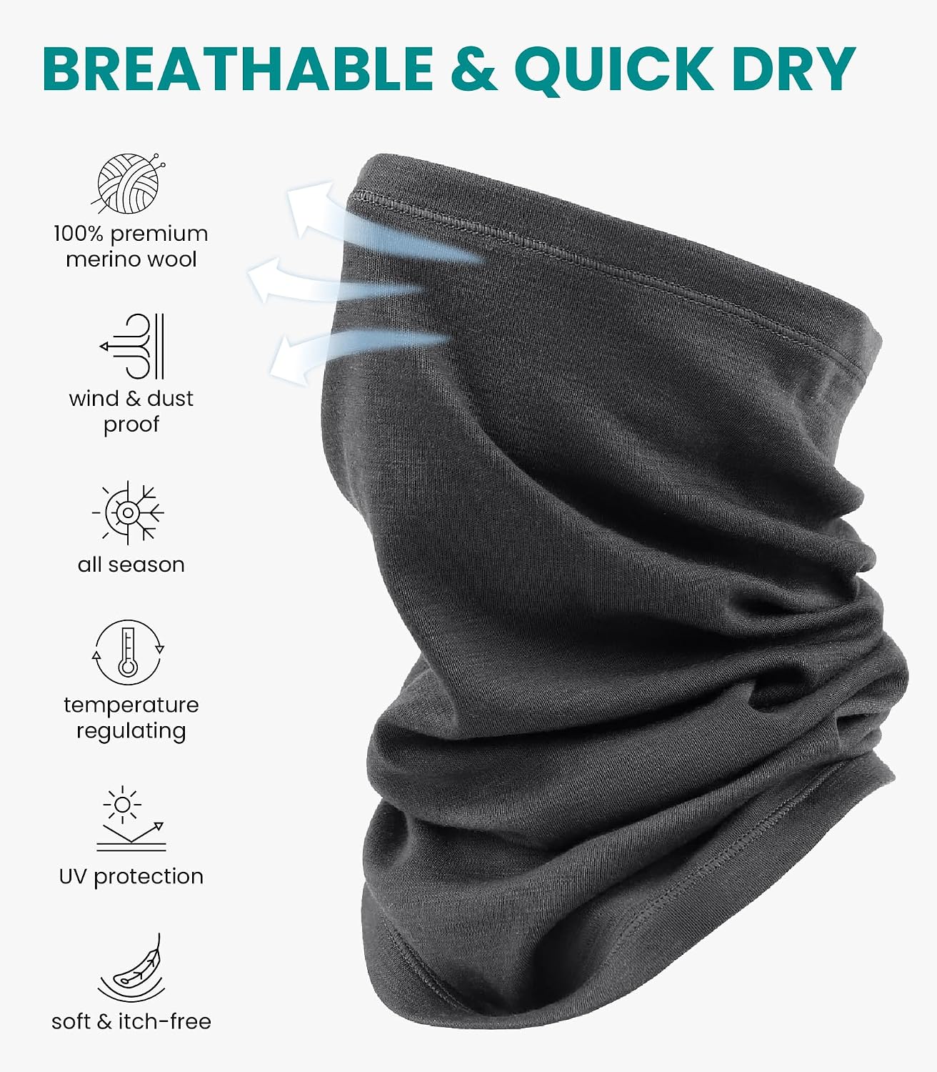 100% Merino Wool Neck Gaiter, 17.5um Face Mask, Unisex Neck Warmer 1-2 Pack