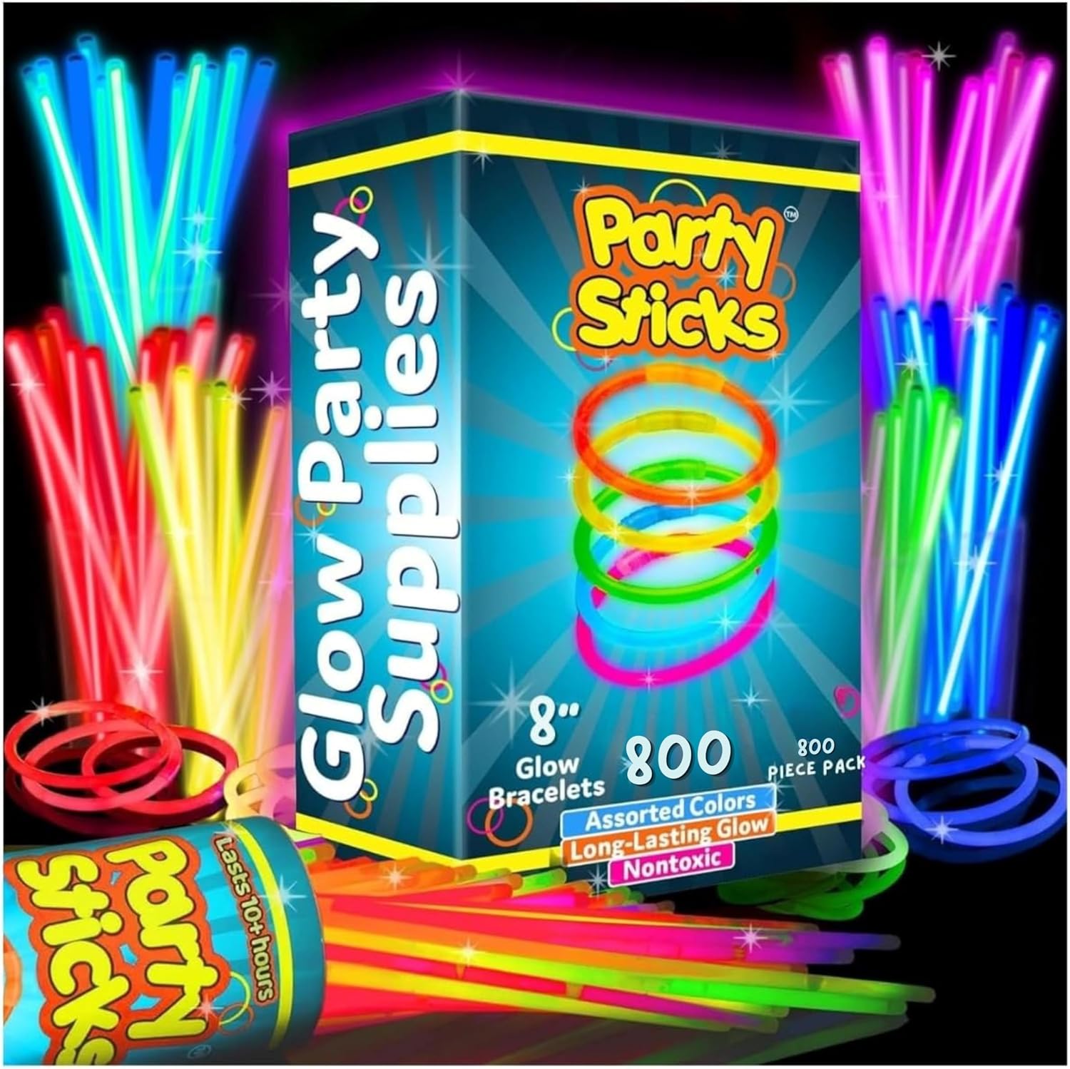 PartySticks Glow Sticks 800 pack - 8 Inch Glow in The Dark Light Up Sticks Party Favors, Glow Party Decorations, Neon Party Glow Necklaces and Glow Bracelets with Connectors