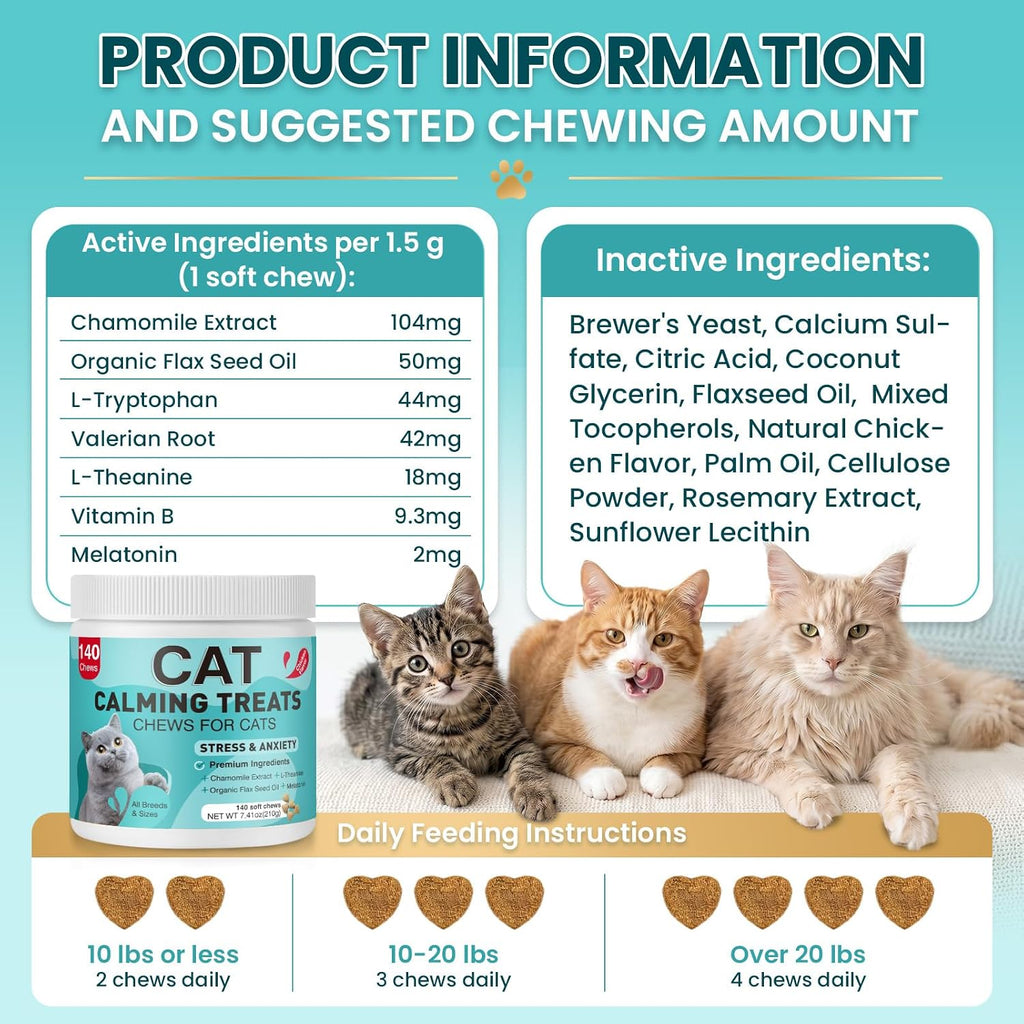 Cat Calming Treats, 140 Soft Chews to Relieve Anxiety, Stress & Prevent Bites, Perfect for Travel & Veterinary Visits, Soothing Calming Care for Indoor Cats Chicken Flavor 7.41 OZ