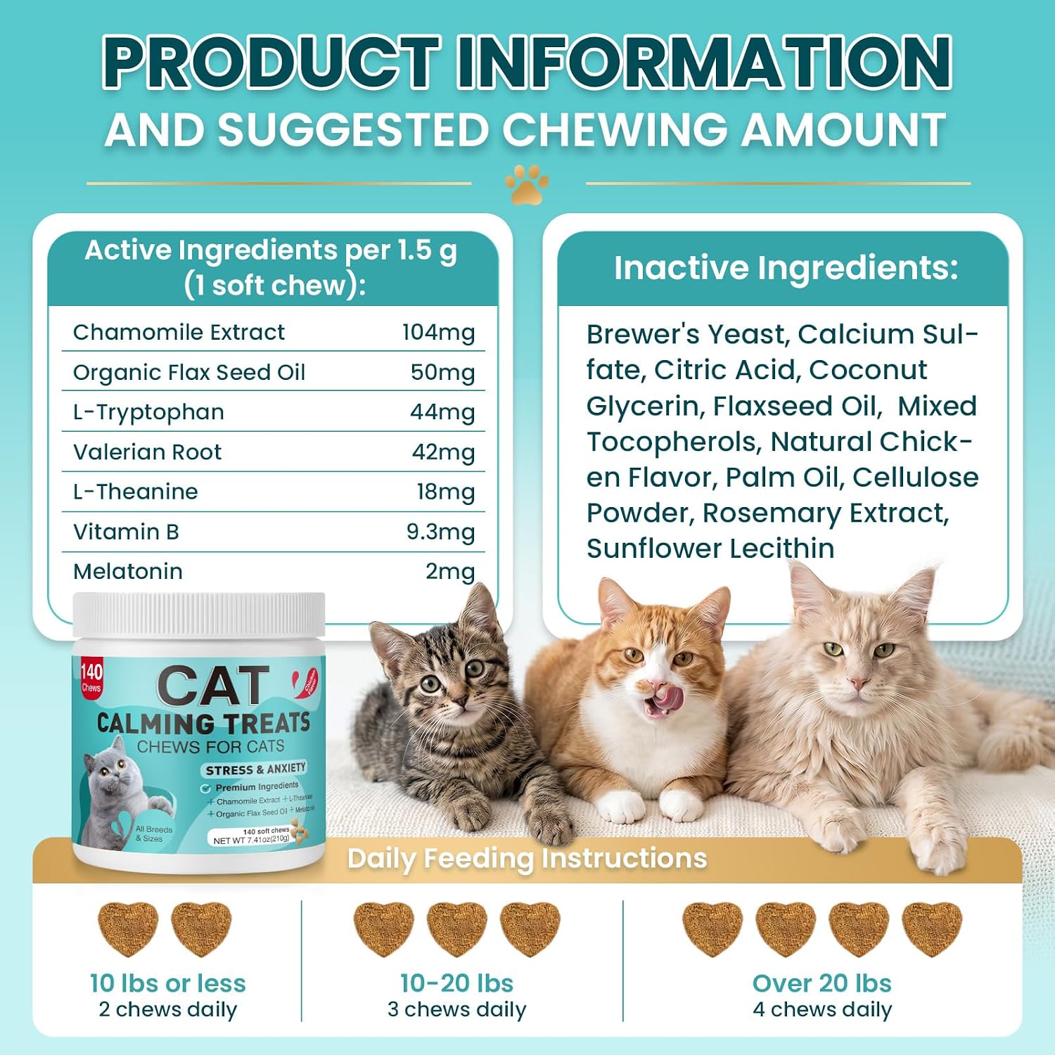 Cat Calming Treats, 140 Soft Chews to Relieve Anxiety, Stress & Prevent Bites, Perfect for Travel & Veterinary Visits, Soothing Calming Care for Indoor Cats Chicken Flavor 7.41 OZ
