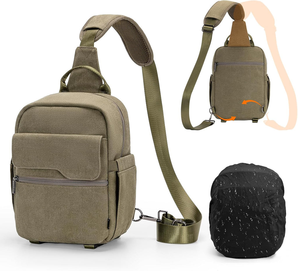 Cwatcun Large Canvas Sling Bag, Crossbody Chest Bag with Tripod Holder