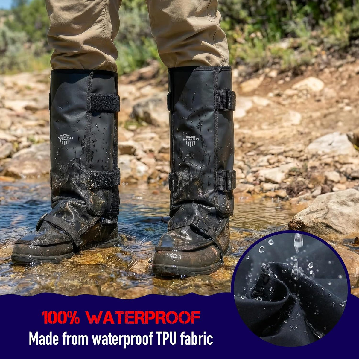 Nomad USA Waterproof Leg Gaiters for Men & Women – Adjustable Lightweight Leg Guards for Snake Bite Protection, Hiking, Hunting, Trekking, Fishing, Climbing & Gardening – 1 Pair
