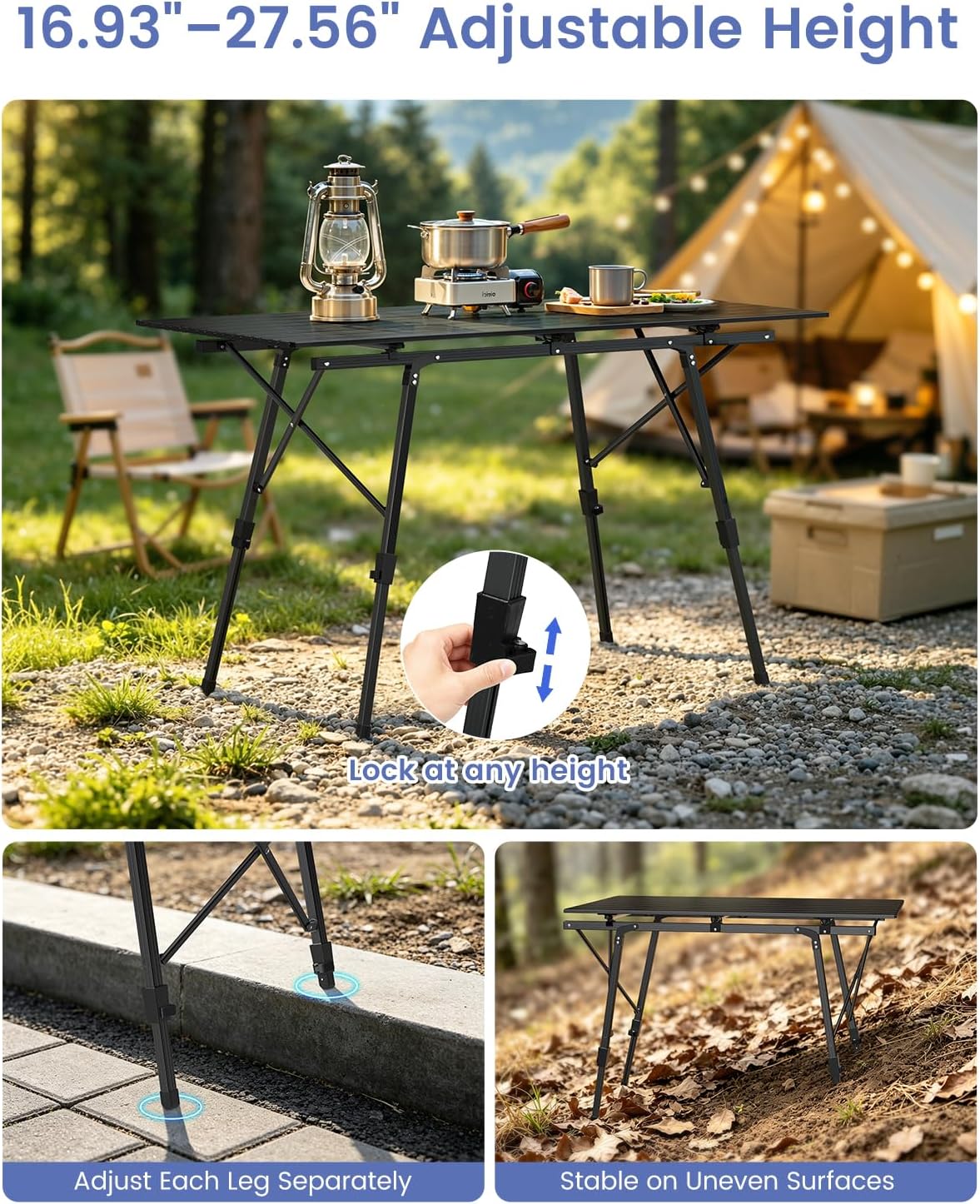 Raynesys Aluminum Folding Camping Table,Adjustable Height & Portable,Black