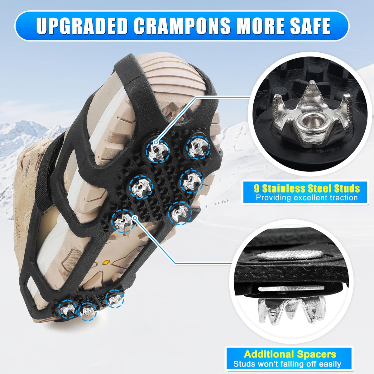 Crampons Ice Cleats for Shoes and Boots Snow Traction Cleats for Walking on Snow and Ice 9 Point Cleats Non-Slip Grippers Overshoe Silicone Stretch Footwear for Winter Hiking Climbing Ice Fishing