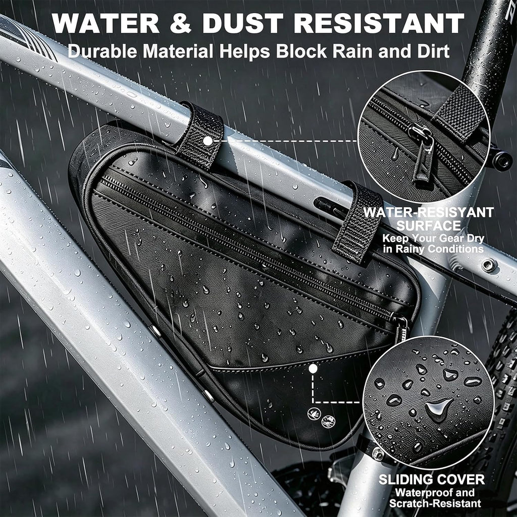 Bike Frame Bag, Water-Resistant Triangle Storage Travel Bag for Mountain Road Bike, Cycling Storage Tool Accessories with 3 Straps and Leg-Friendly Design