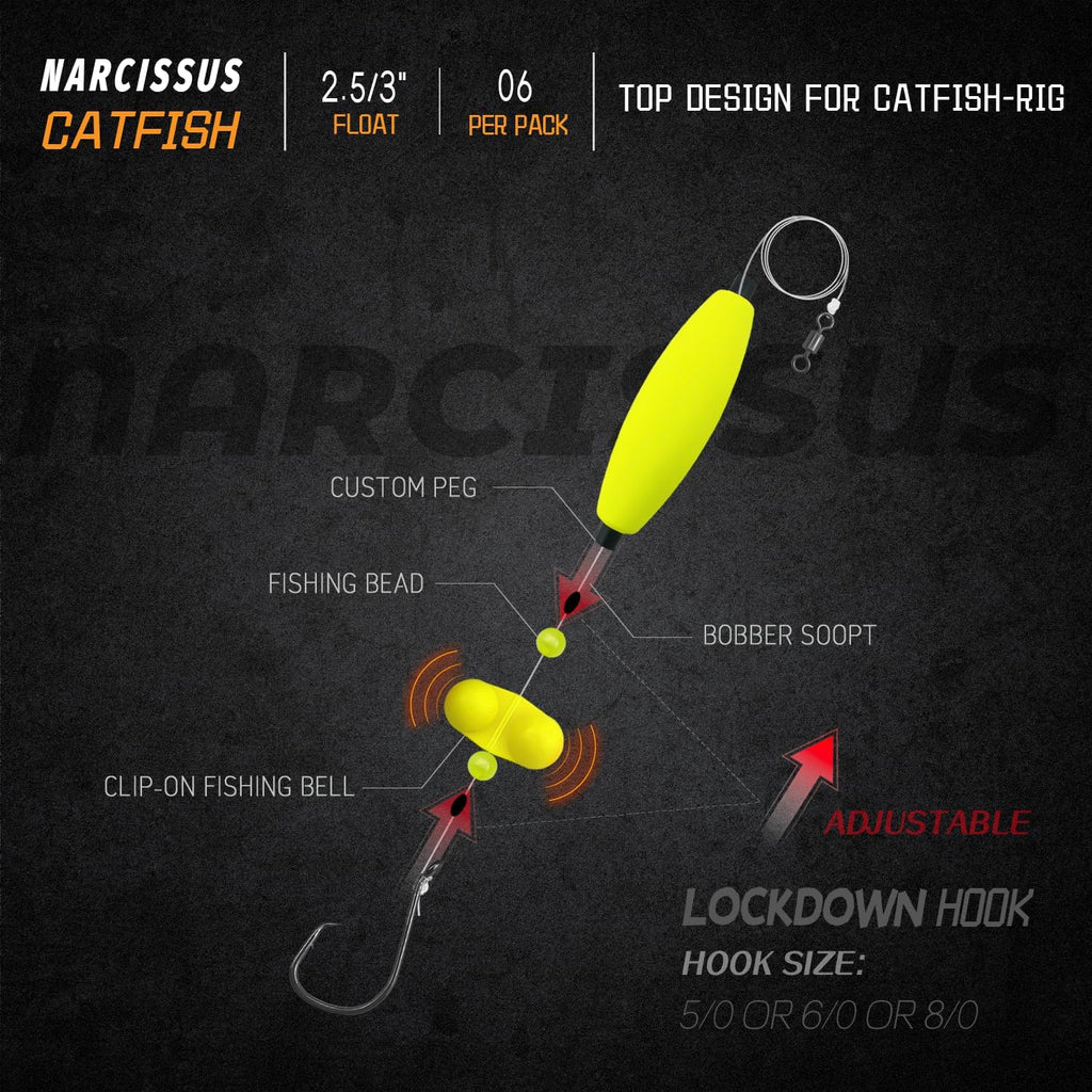 Narcissus Catfish Rigs Set – 6 Pre-Tied Rigs with 2 Sinker Sliders & 2oz Pyramid Sinker, Float Rigs Tackle, Santee Rig, Circle Hooks 6/0 – Complete & Ready-to-Use Kit