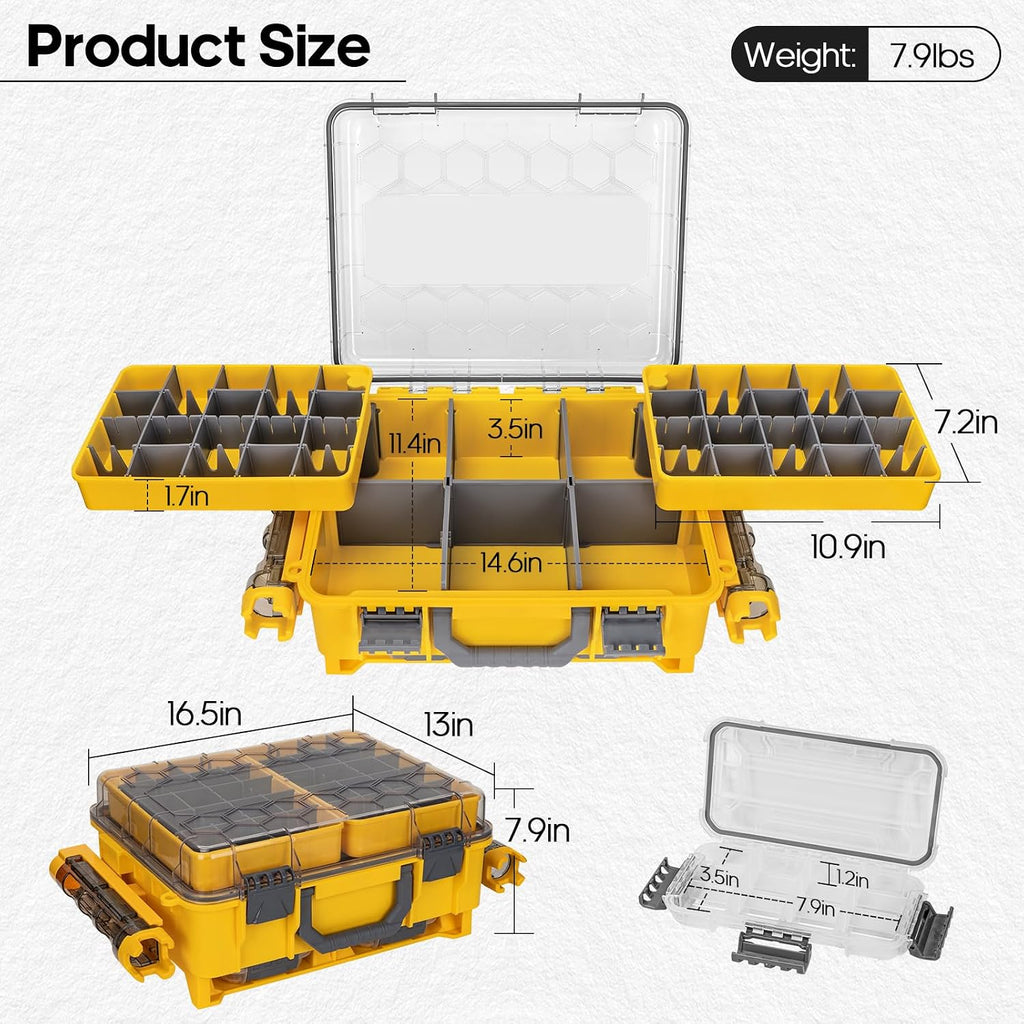 THKFISH Waterproof Double Side Tackle Box, Portable Storage Box with 2 Pack 3500 Stowaway Boxes & Rod Holders, Fishing Lure Organizer YellowPink/Green/Blue/Grey (L-Yellow)