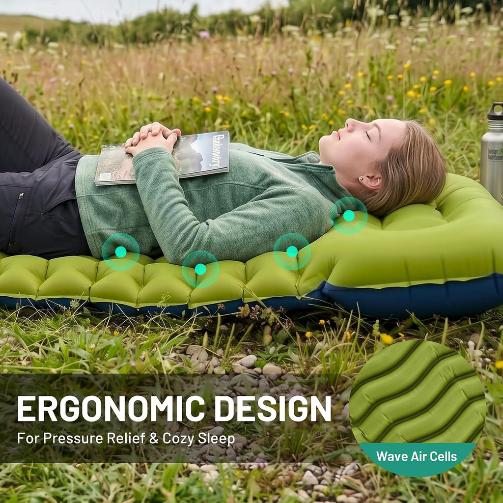 Overmont Ultralight Camping Sleeping Pad with Pillow, Built-in Foot Pump