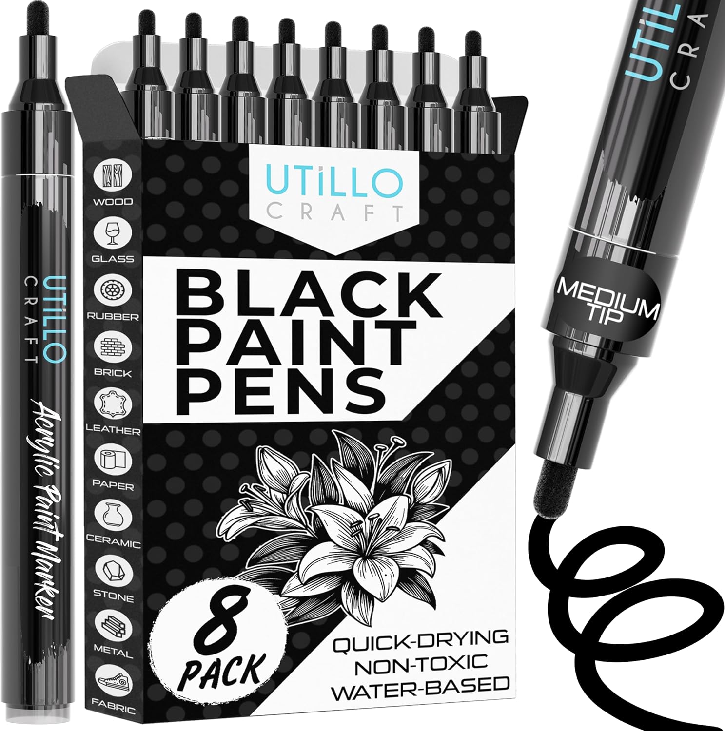 Utillo Craft Black Paint Pen (8-Pack), 0.7mm Extra Fine Black Paint Markers