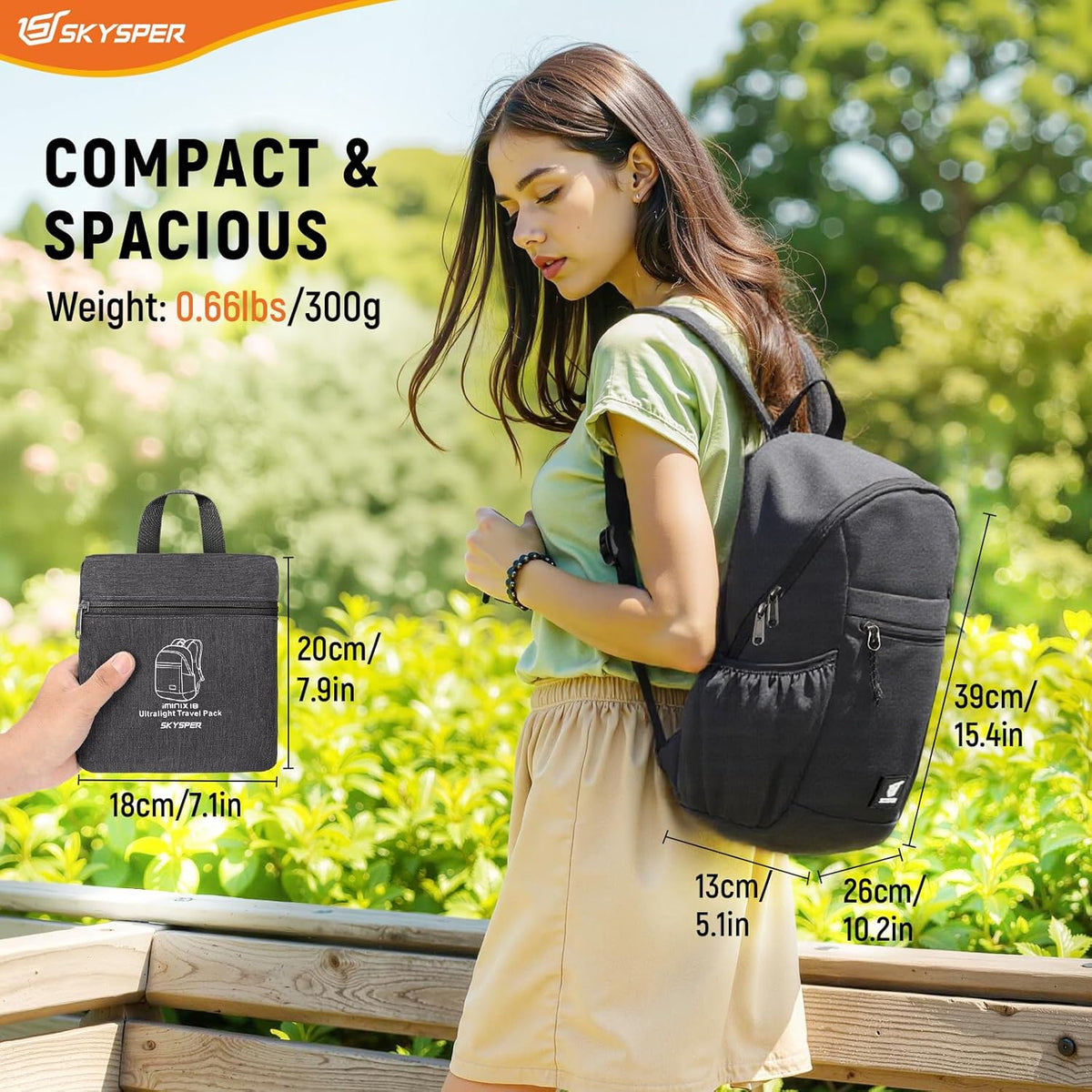 SKYSPER Anti Theft Hiking Backpack, 18L RFID Packable Travel Daypack, Lightweight Foldable Back Pack for Walking Daytrip