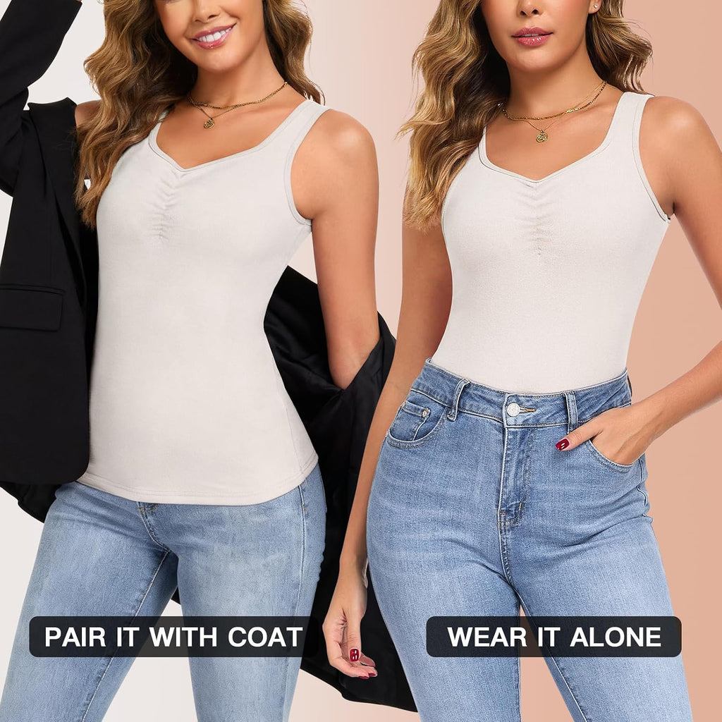 WOWENY Thermal Fleece Tank Top for Women Sleeveless Sweetheart Neck Winter Vest Underwear Tops Warm Cami Base Layer